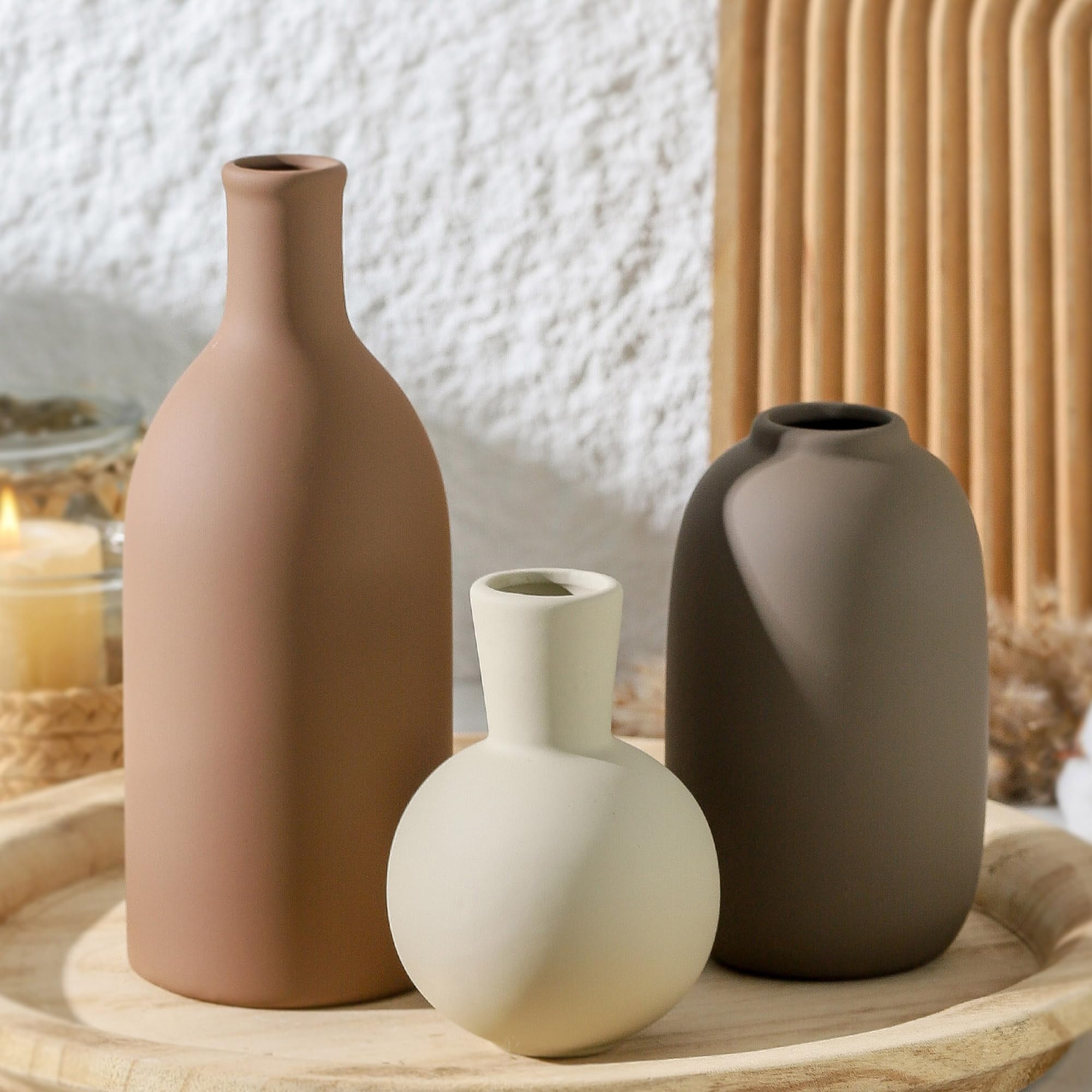 Ceramic Vase Set of 3 | Decorative Vases Home Decor | Flower Pampass Boho Modern Neutral Vase for Living Room, Table, Mantel, Entryway, Bookshelf, Kitchen, Bedroom, Bathroom - Multicolor