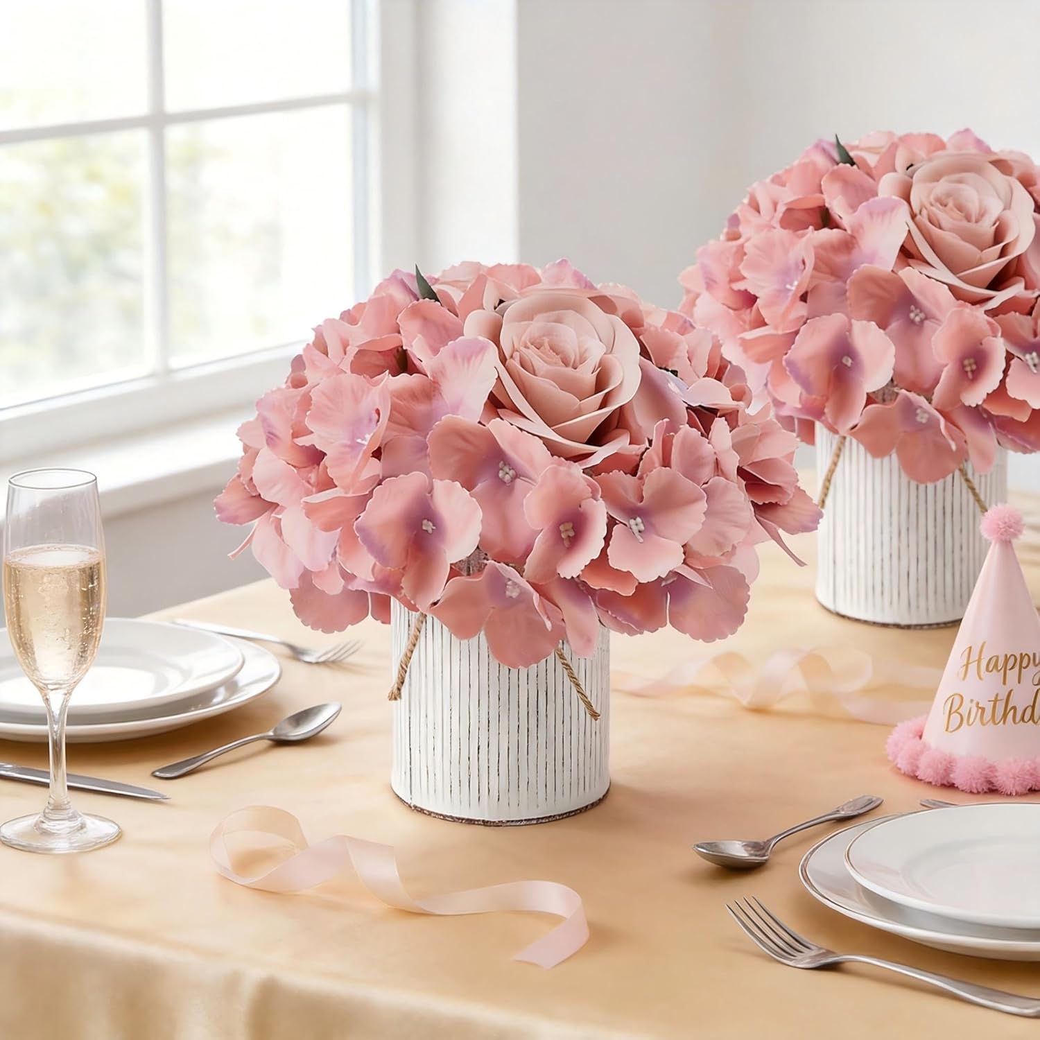 Flower Table Centerpieces - Set of 6 Floral Arrangement Artificial Wedding Hydrangeas Floral Arrangement with Rustic Metal Vase for Bridal Tea Party Event Decorations - Deep Pink