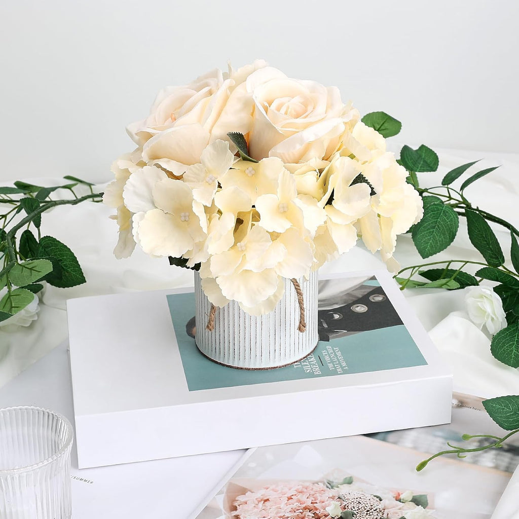 Flower Table Centerpieces - Set of 6 Floral Arrangement Artificial Wedding Hydrangeas Floral Arrangement with Rustic Metal Vase for Bridal Tea Party Event Decorations - Champagne