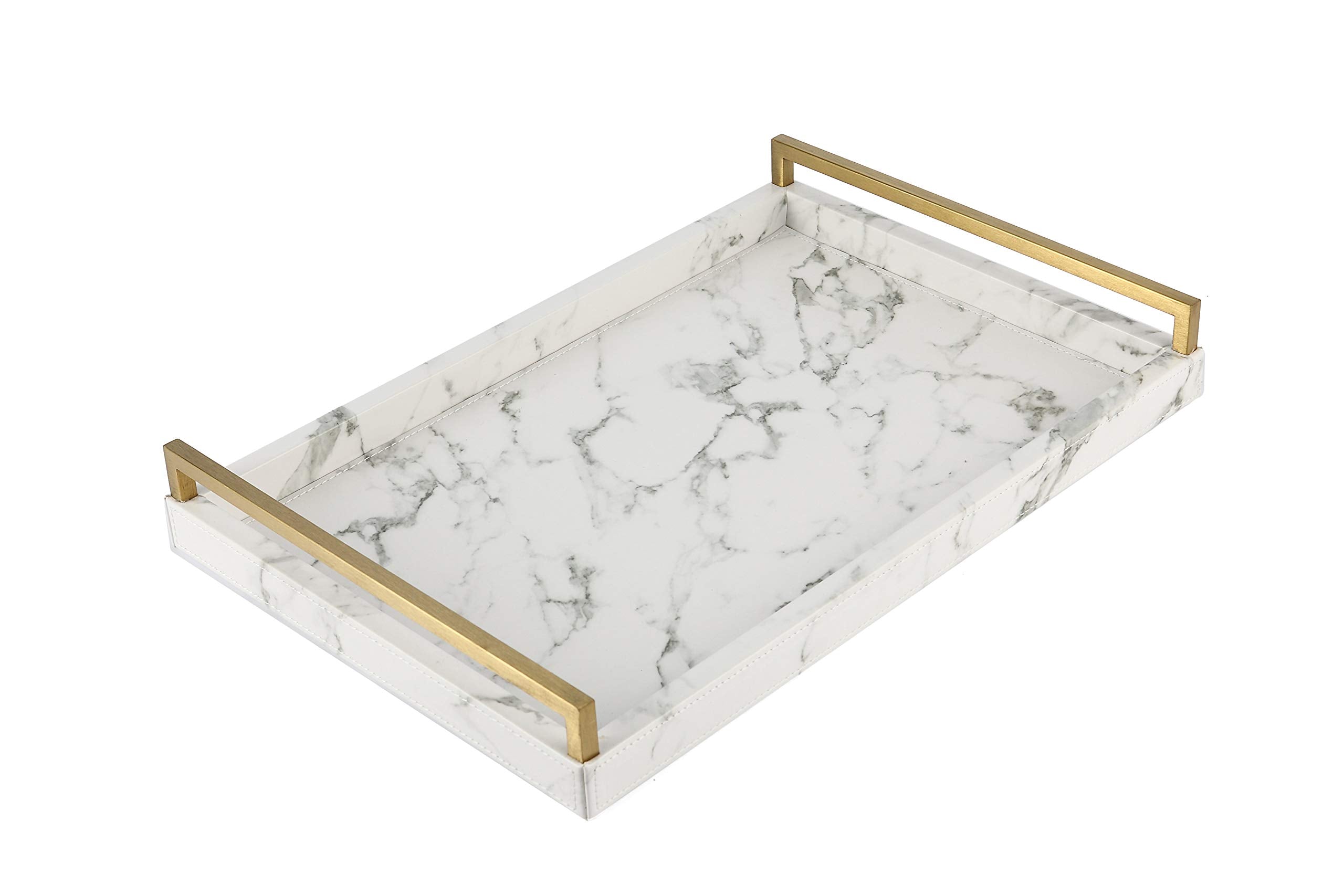 WV Ivory Shagreen Leather Serving Tray with Gold Handles-17.7x11.8 Inch Large Wooden Decorative Ottoman Tray fro Coffee Table, Kitchen, Dining, and Home Decor (Ivory)