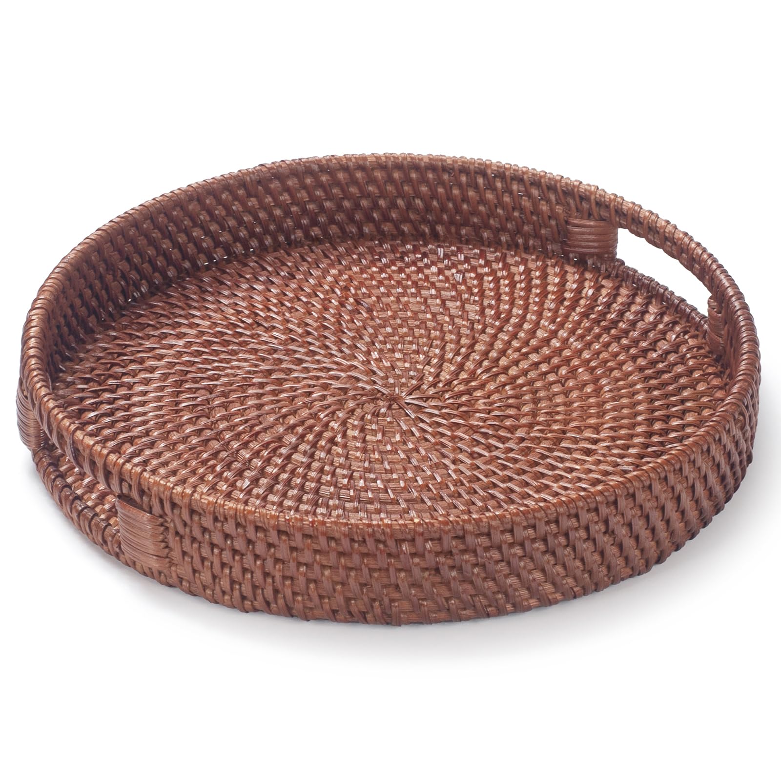 13.8 inch Round Rattan Tray, Decorative Coffee Table Tray, Ottoman Tray, Woven Serving Tray with Handles, Wicker Serving Basket, Whitewash