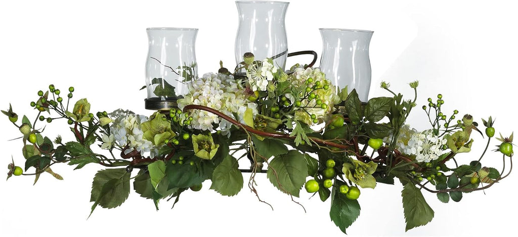 Nearly Natural 4634-CR Hydrangea Triple Candleabrum Centerpiece, Cream 29" x 10.25" x 10.25"