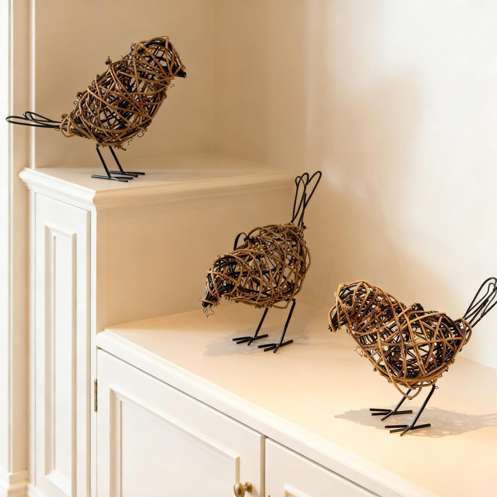 3PCS Bird Statue Farmhouse Decor Set - Christmas Ornament - Handwoven Natural Rattan Bird Figurines Table Decor, Multi-Pose Shelf & Mantel Accents