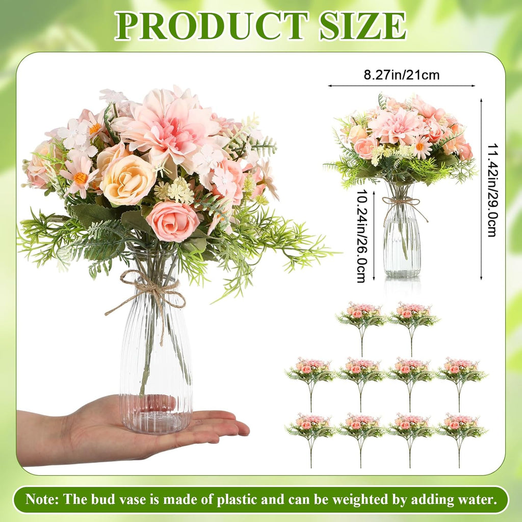 30 Pack Artificial Flowers Table Centerpieces Decorations with Vase Wedding Mason Jar 20 Bundles Silk Floral Bouquet 10 Clear Vase with 1 Pcs Rope for Party Decor(Dahlia,Pink)