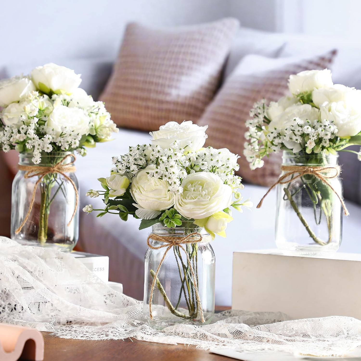 Zeyune 12 Sets Mason Jar Centerpiece Table Decorations, Artificial Peony Baby's Breath Flower Bouquets, Faux Flowers with Vase, Rustic Decor Gifts for Home, Wedding, Holiday (White)