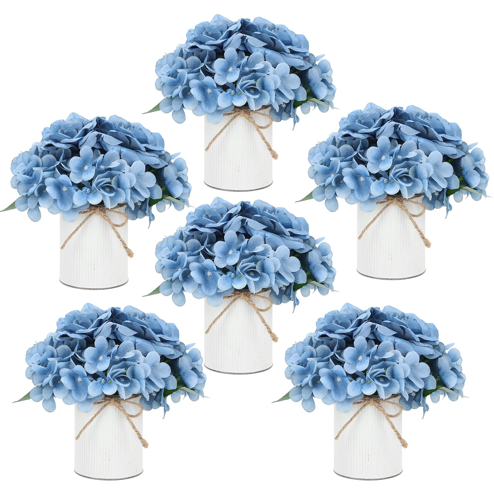 Flower Table Centerpieces - Set of 6 Floral Arrangement Artificial Wedding Hydrangeas Floral Arrangement with Rustic Metal Vase for Bridal Tea Party Event Decorations - Champagne