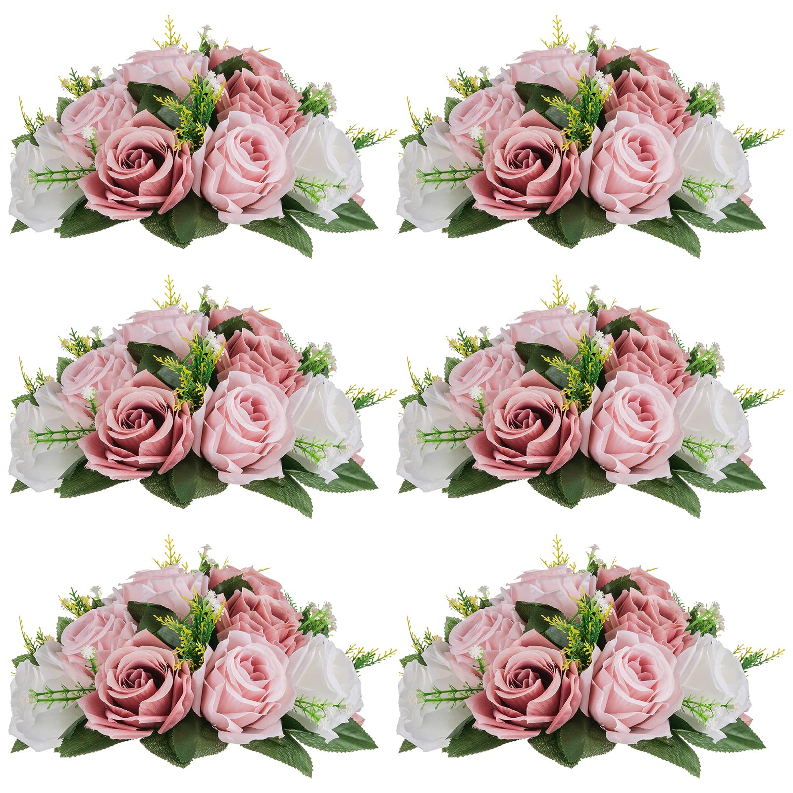 Nuptio Artificial Flower Centrepieces for Tables - 6 Pcs Burgundy & Dusty Rose & Creamy White Fake Flowers Roses Balls 9.5in Diam - Silk Faux Rose Arrangement for Wedding Party Centerpiece Table Decor
