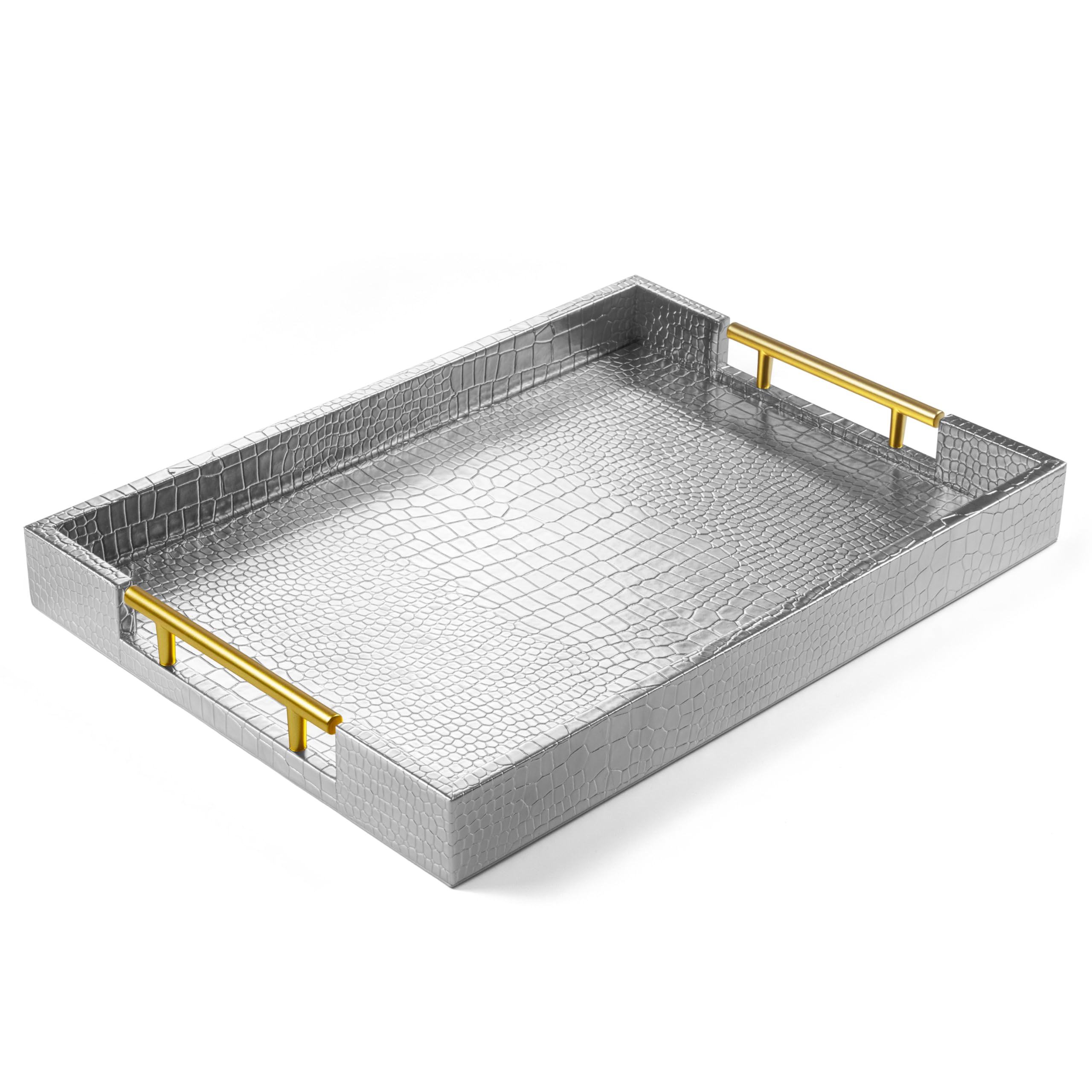 17" x 12" Wood Serving Tray with Gold Polished Metal Handles, Home Decorative Wooden Rectangle Ottoman Leather Decor Platter Bathroom Vanity Tray for All Occasions White