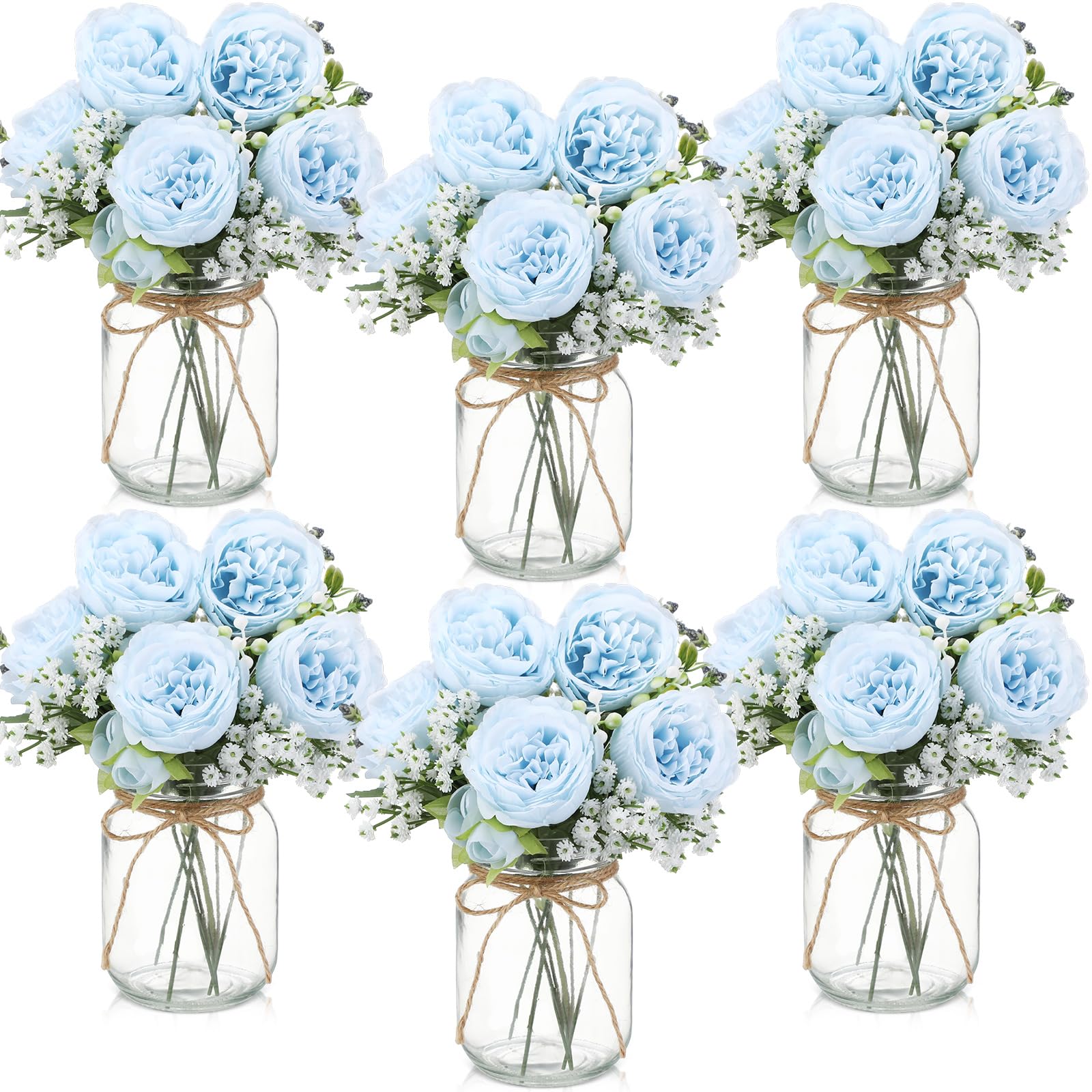 Zeyune 12 Sets Mason Jar Centerpiece Table Decorations, Artificial Peony Baby's Breath Flower Bouquets, Faux Flowers with Vase, Rustic Decor Gifts for Home, Wedding, Holiday (White)