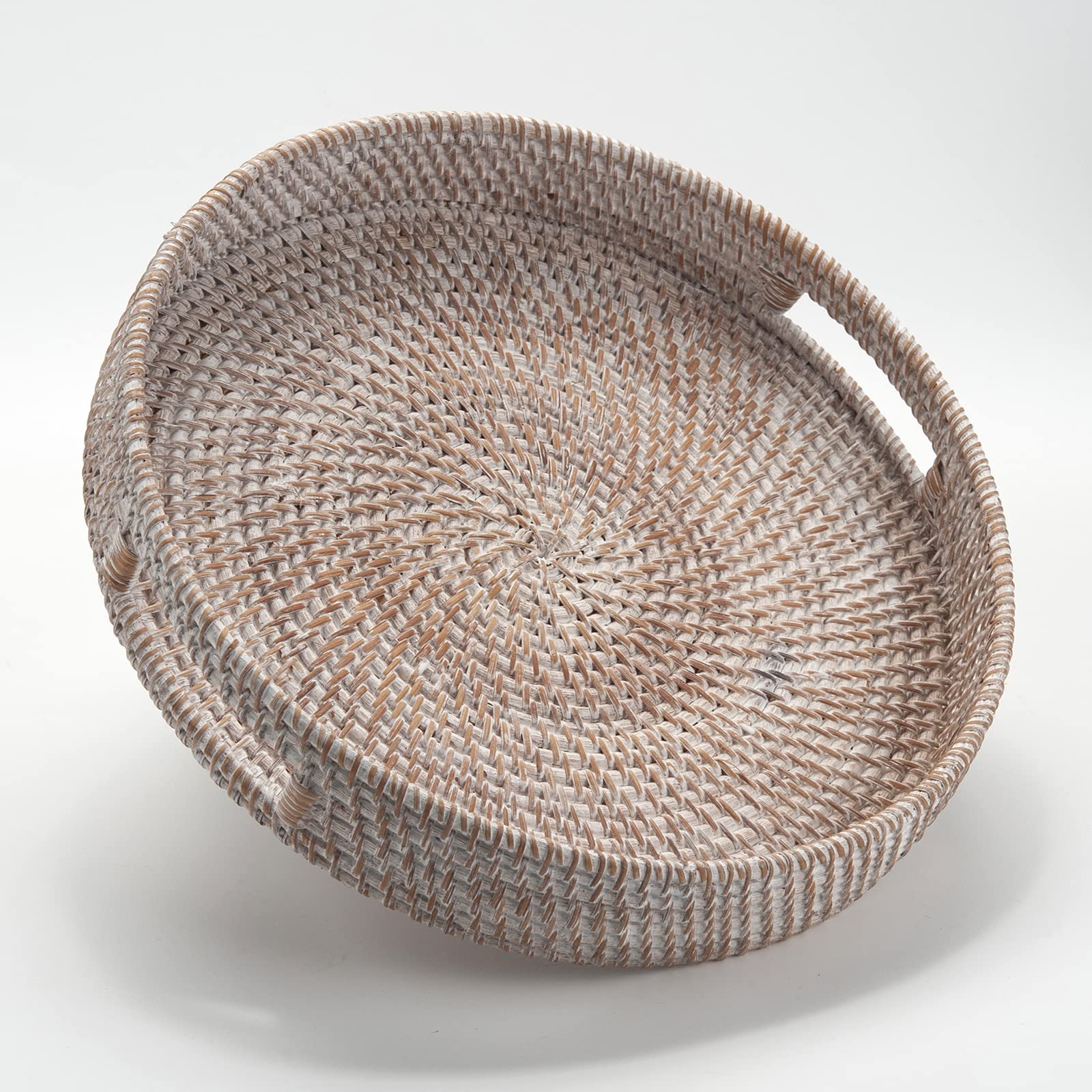 Coffee Table Tray Round Rattan Ottoman Tray Woven Serving Trays with Handles for Home and Kitchen Decorative Natural (Large 14 inch x 2.4 inch)