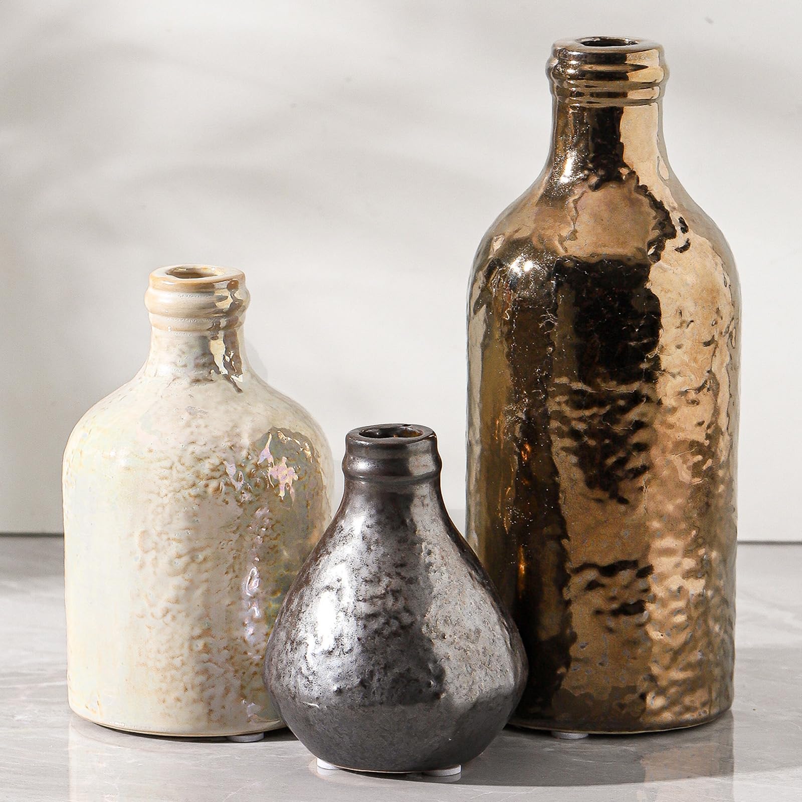 Ceramic Vase Set of 3 | Decorative Vases Home Decor | Flower Pampass Boho Modern Neutral Vase for Living Room, Table, Mantel, Entryway, Bookshelf, Kitchen, Bedroom, Bathroom - Multicolor