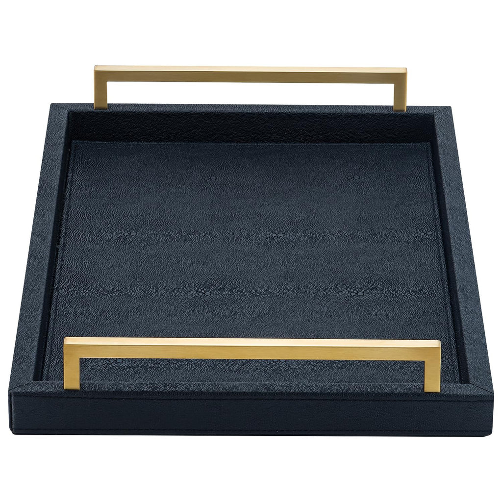 Large Ottoman Tray for Coffee Table,Square Shagreen Leather Decorative Tray with Gold Handles for Living Room Decor