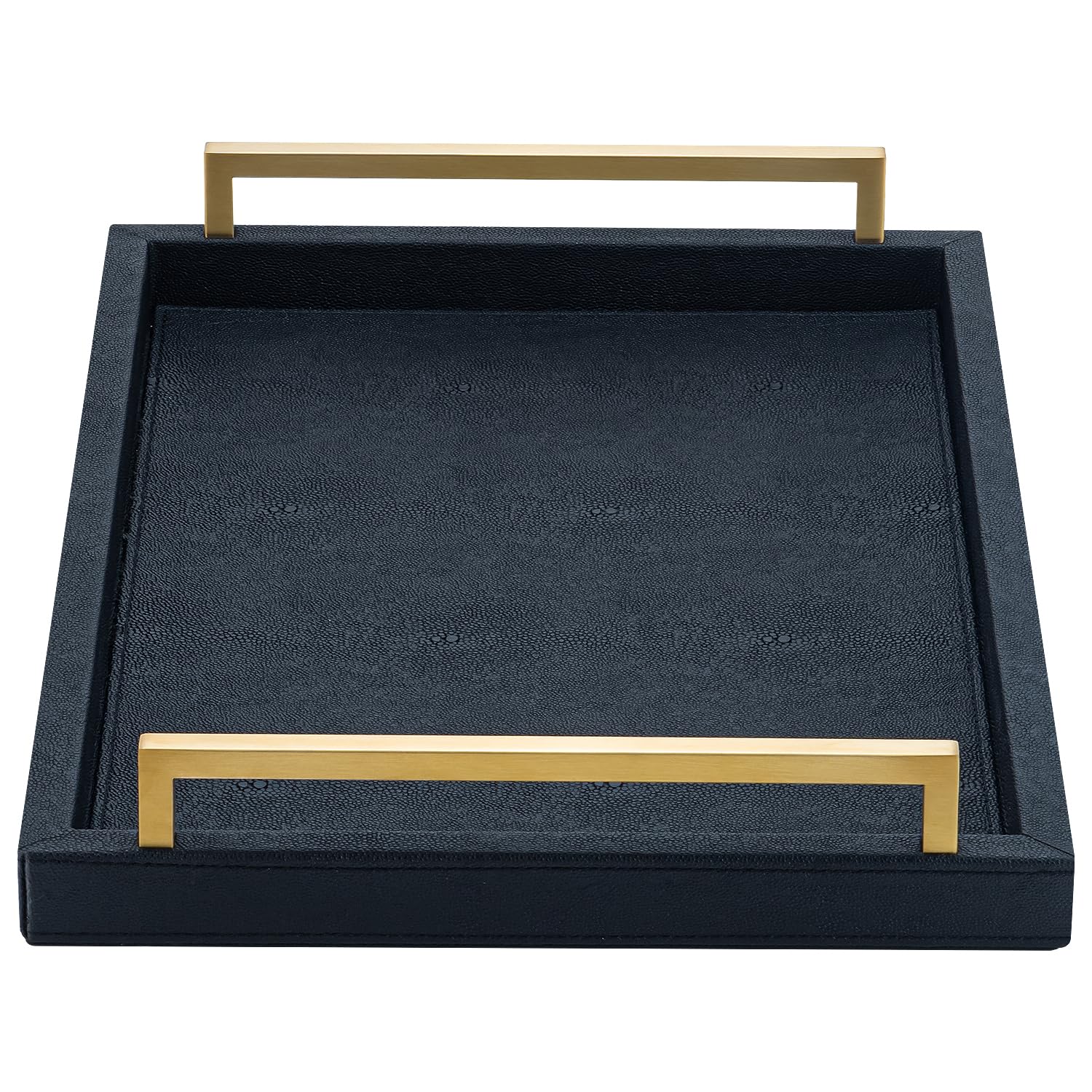 Ivory Shagreen Decorative Tray Large Rectangle Coffee Table Tray for Ottoman Faux Leather Serving Tray with Brushed Gold Handles