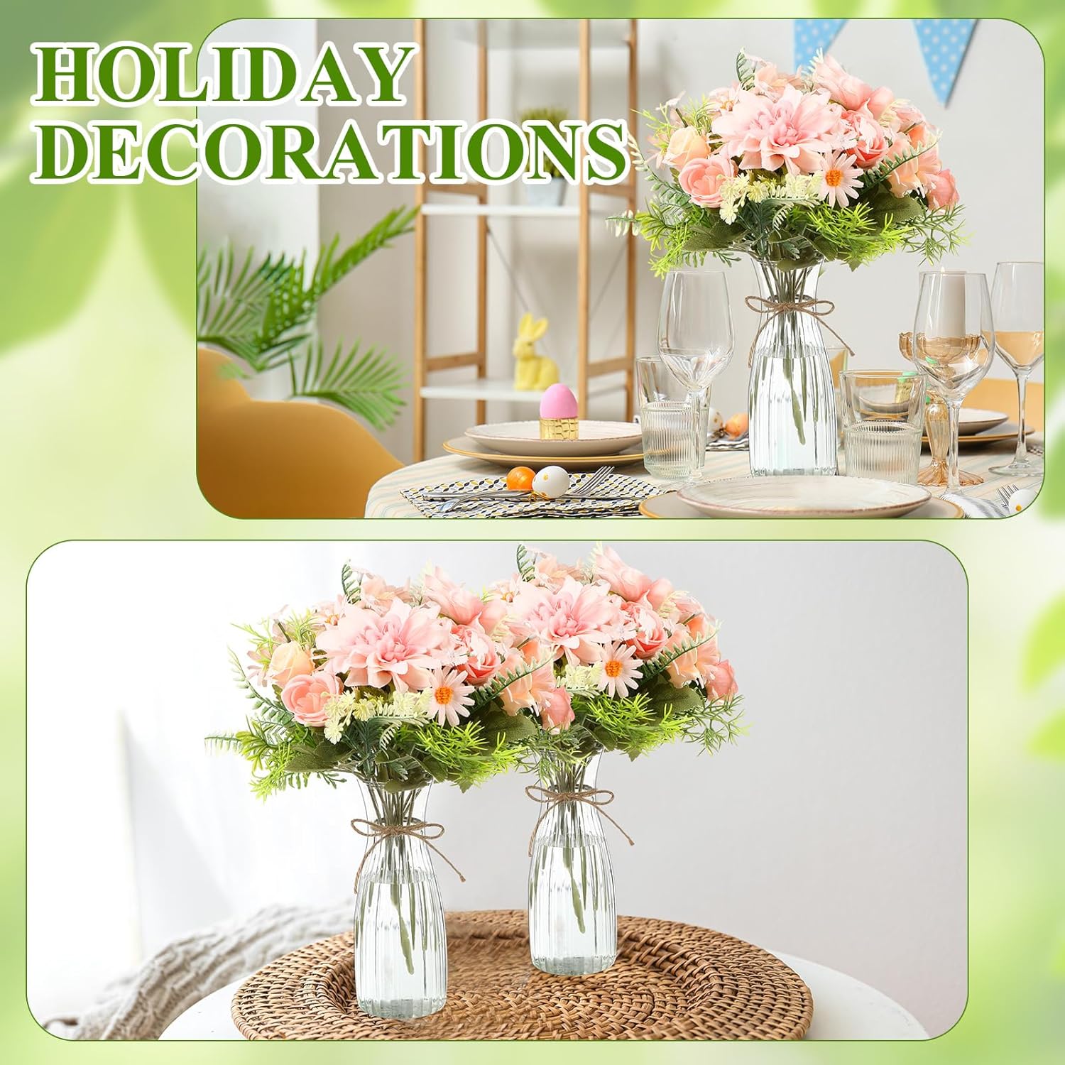 30 Pack Artificial Flowers Table Centerpieces Decorations with Vase Wedding Mason Jar 20 Bundles Silk Floral Bouquet 10 Clear Vase with 1 Pcs Rope for Party Decor(Dahlia,Pink)