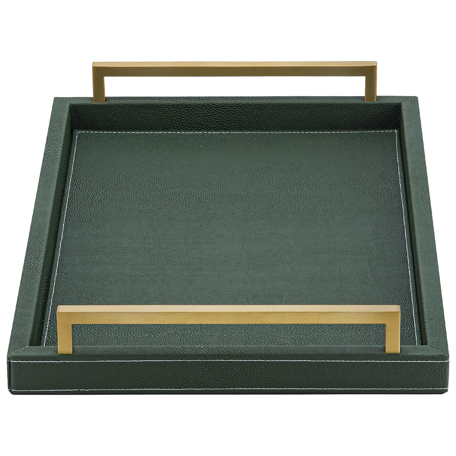 Large Ottoman Tray for Coffee Table,Square Shagreen Leather Decorative Tray with Gold Handles for Living Room Decor