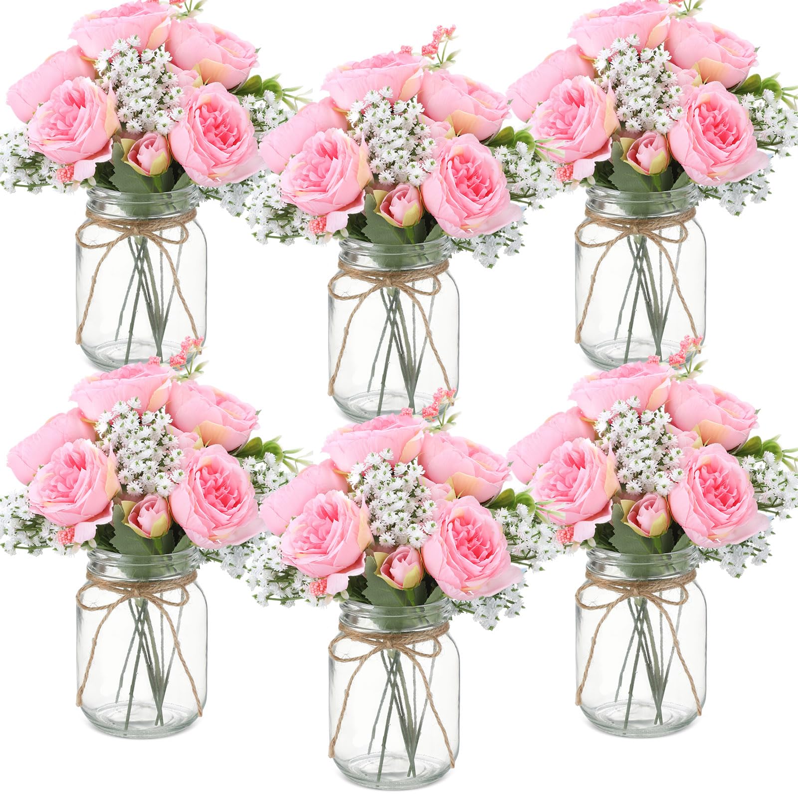 Zeyune 12 Sets Mason Jar Centerpiece Table Decorations, Artificial Peony Baby's Breath Flower Bouquets, Faux Flowers with Vase, Rustic Decor Gifts for Home, Wedding, Holiday (White)