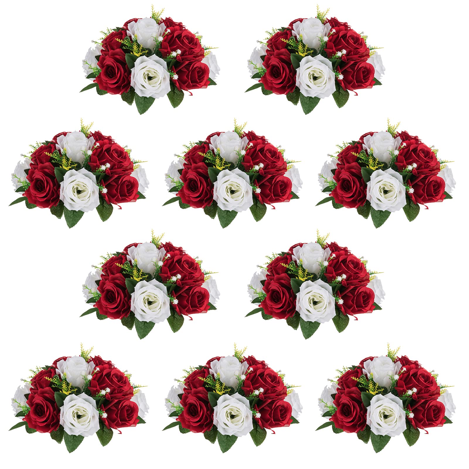 Nuptio Artificial Flower Centrepieces for Tables - 6 Pcs Burgundy & Dusty Rose & Creamy White Fake Flowers Roses Balls 9.5in Diam - Silk Faux Rose Arrangement for Wedding Party Centerpiece Table Decor