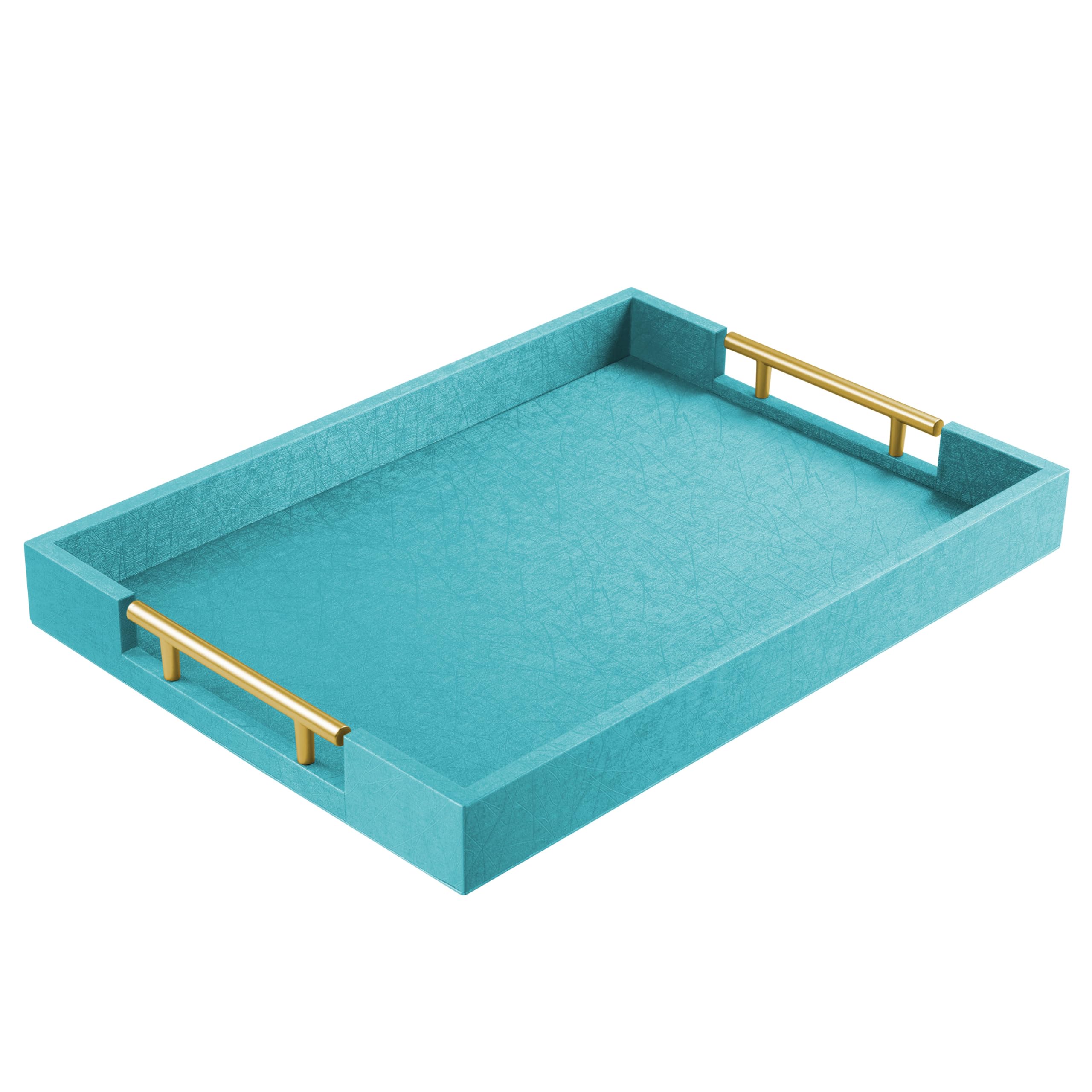 17" x 12" Wood Serving Tray with Gold Polished Metal Handles, Home Decorative Wooden Rectangle Ottoman Leather Decor Platter Bathroom Vanity Tray for All Occasions White