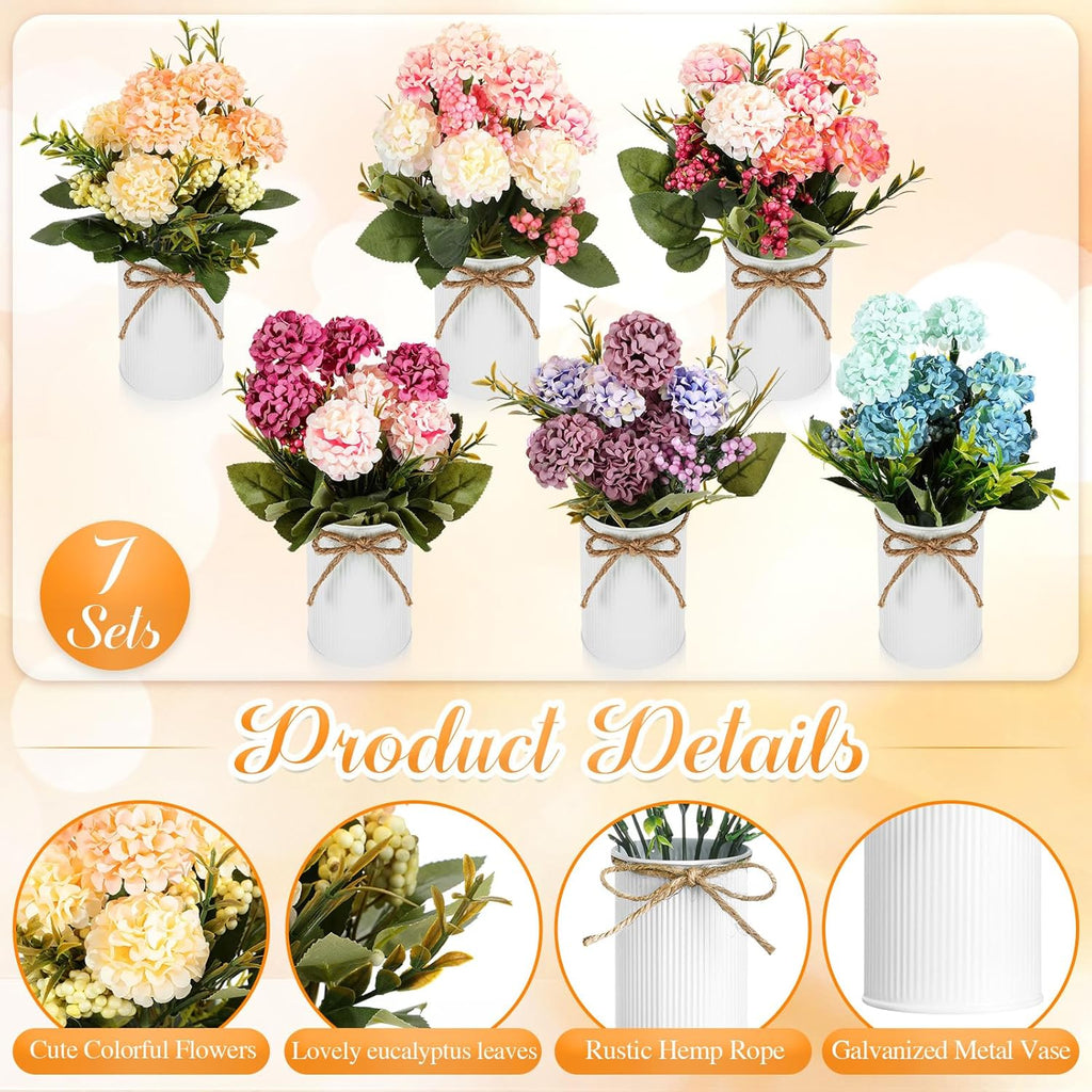 6 Sets Flower Centerpieces for Tables Decor Artificial Hydrangeas with Vase and Hemp Rope Floral Arrangement Faux Flowers Fake Hydrangea Bouquets for Table Wedding Home Office Party