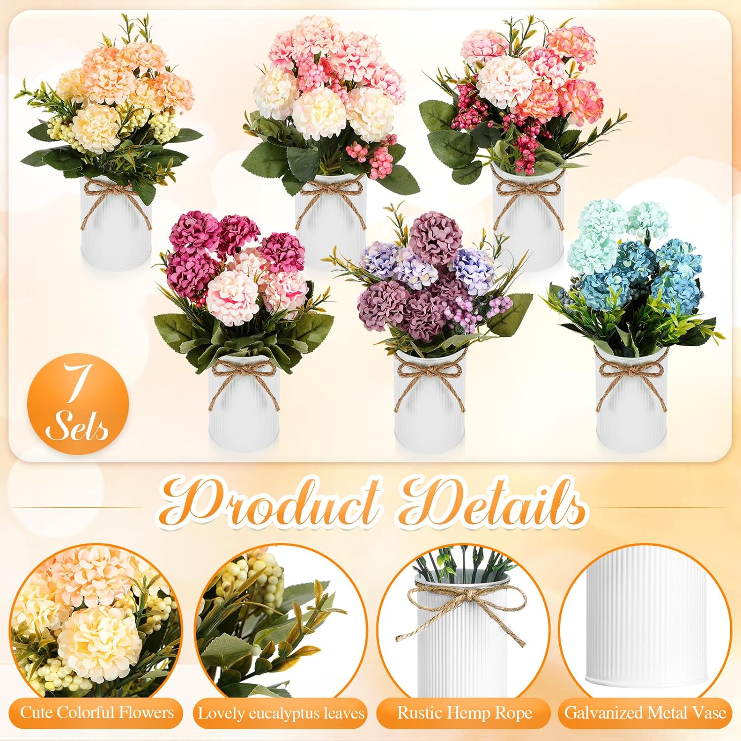 6 Sets Flower Centerpieces for Tables Decor Artificial Hydrangeas with Vase and Hemp Rope Floral Arrangement Faux Flowers Fake Hydrangea Bouquets for Table Wedding Home Office Party