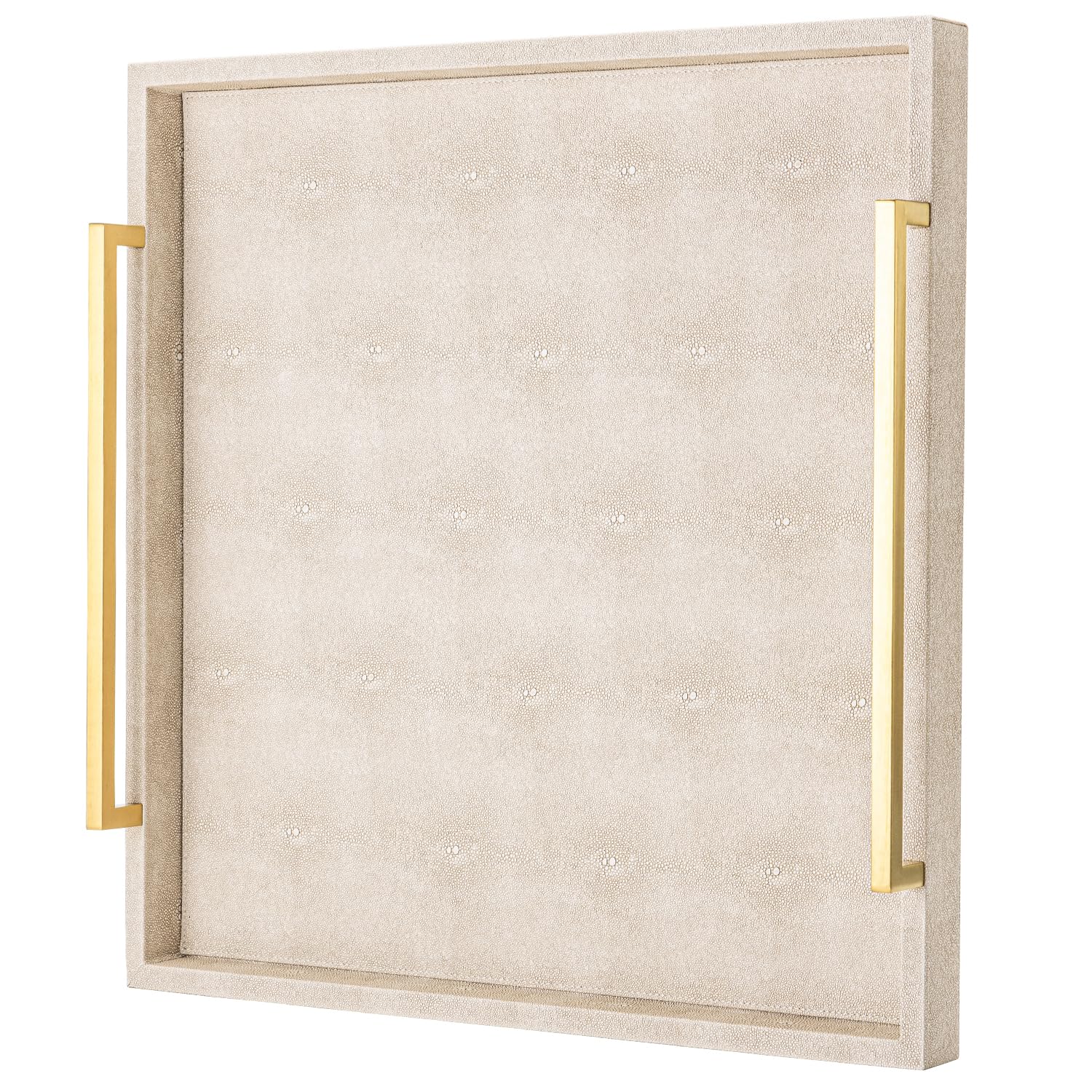 Ivory Shagreen Decorative Tray Large Rectangle Coffee Table Tray for Ottoman Faux Leather Serving Tray with Brushed Gold Handles