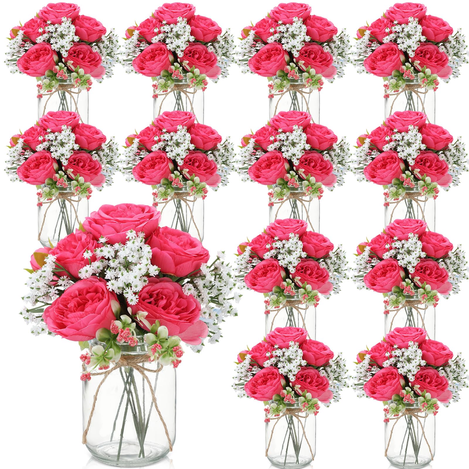 Zeyune 12 Sets Mason Jar Centerpiece Table Decorations, Artificial Peony Baby's Breath Flower Bouquets, Faux Flowers with Vase, Rustic Decor Gifts for Home, Wedding, Holiday (White)