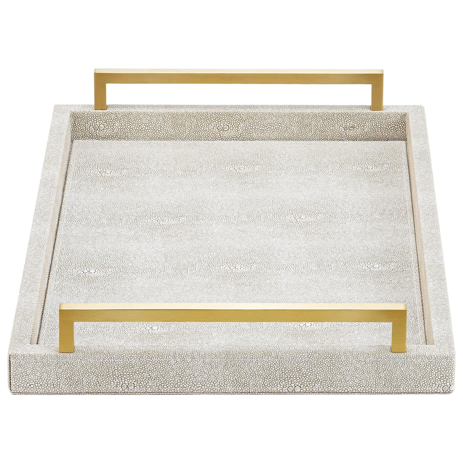 Large Ottoman Tray for Coffee Table,Square Shagreen Leather Decorative Tray with Gold Handles for Living Room Decor