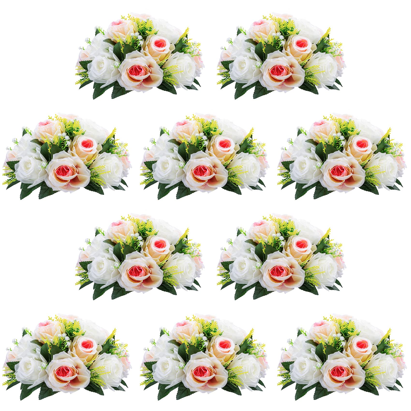 Nuptio Artificial Flower Centrepieces for Tables - 6 Pcs Burgundy & Dusty Rose & Creamy White Fake Flowers Roses Balls 9.5in Diam - Silk Faux Rose Arrangement for Wedding Party Centerpiece Table Decor