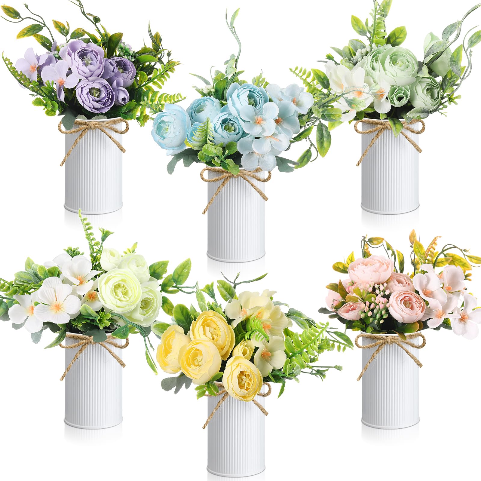 6 Sets Flower Centerpieces for Tables Decor Artificial Hydrangeas with Vase and Hemp Rope Floral Arrangement Faux Flowers Fake Hydrangea Bouquets for Table Wedding Home Office Party