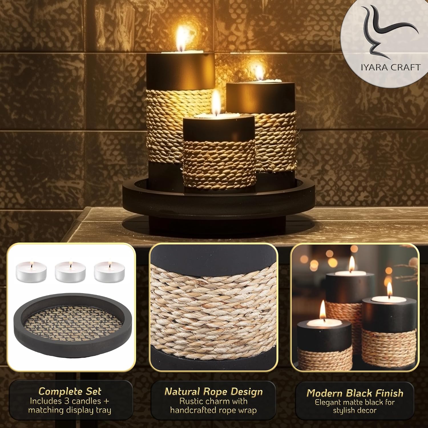 IYARA CRAFT Tealight Candle Holders with Tray – Set of 3 Rustic Black Wooden Candle Holders with Natural Rope Accent, Cozy Centerpiece for Romantic Dinner Table Decor, Anniversary & Housewarming Gifts