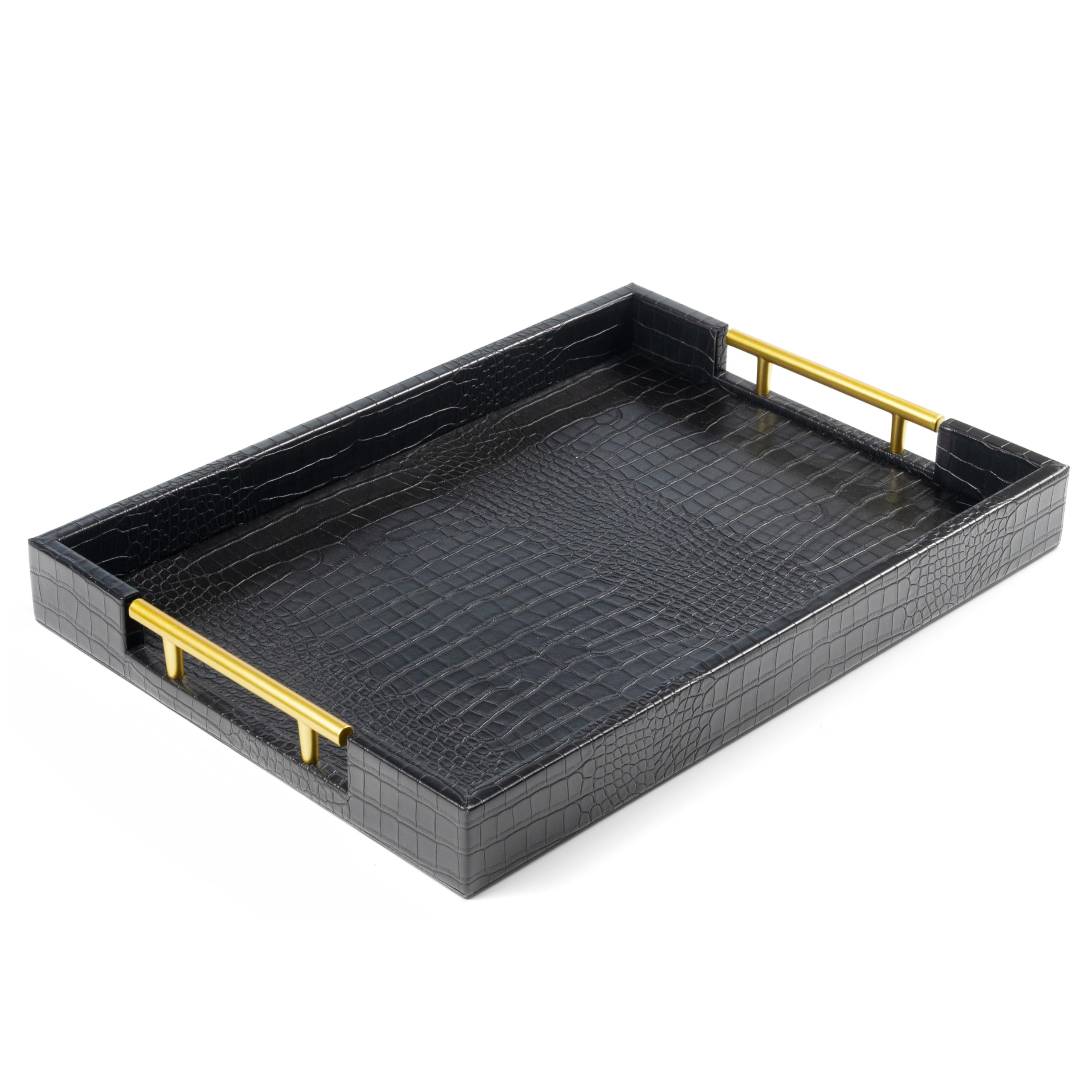 17" x 12" Wood Serving Tray with Gold Polished Metal Handles, Home Decorative Wooden Rectangle Ottoman Leather Decor Platter Bathroom Vanity Tray for All Occasions White