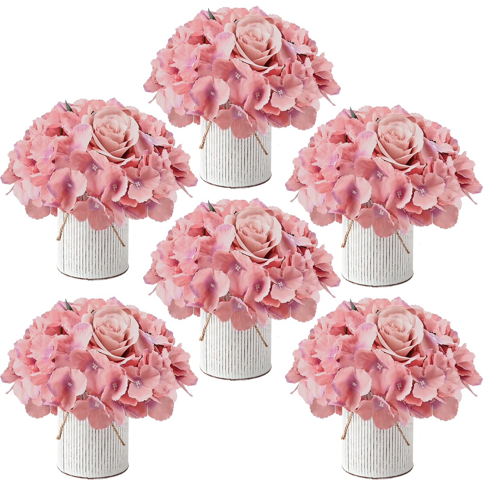 Flower Table Centerpieces - Set of 6 Floral Arrangement Artificial Wedding Hydrangeas Floral Arrangement with Rustic Metal Vase for Bridal Tea Party Event Decorations - Dusty Blue