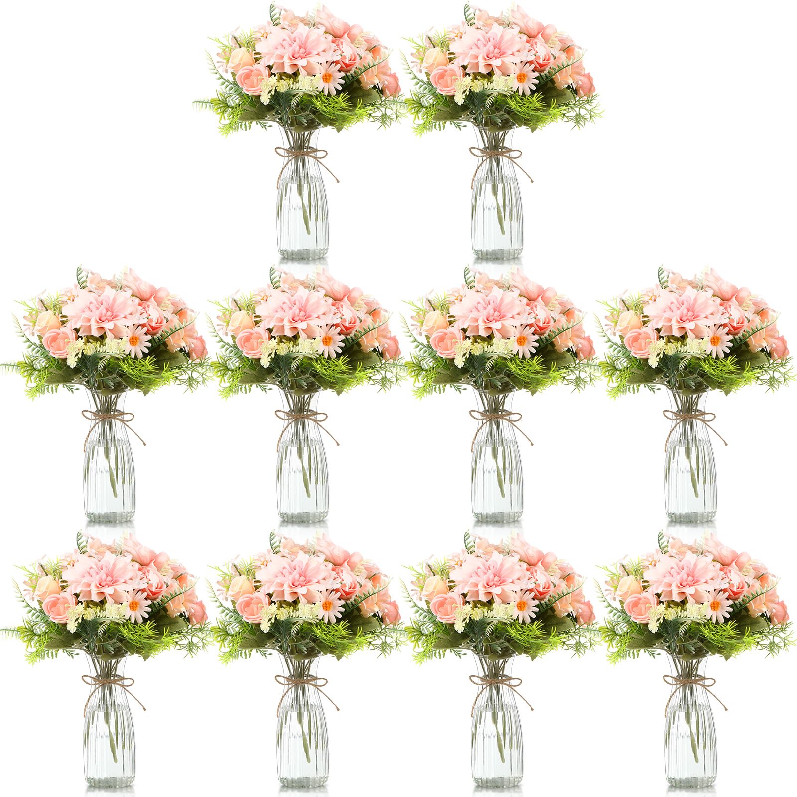 30 Pack Artificial Flowers Table Centerpieces Decorations with Vase Wedding Mason Jar 20 Bundles Silk Floral Bouquet 10 Clear Vase with 1 Pcs Rope for Party Decor(Dahlia,Pink)