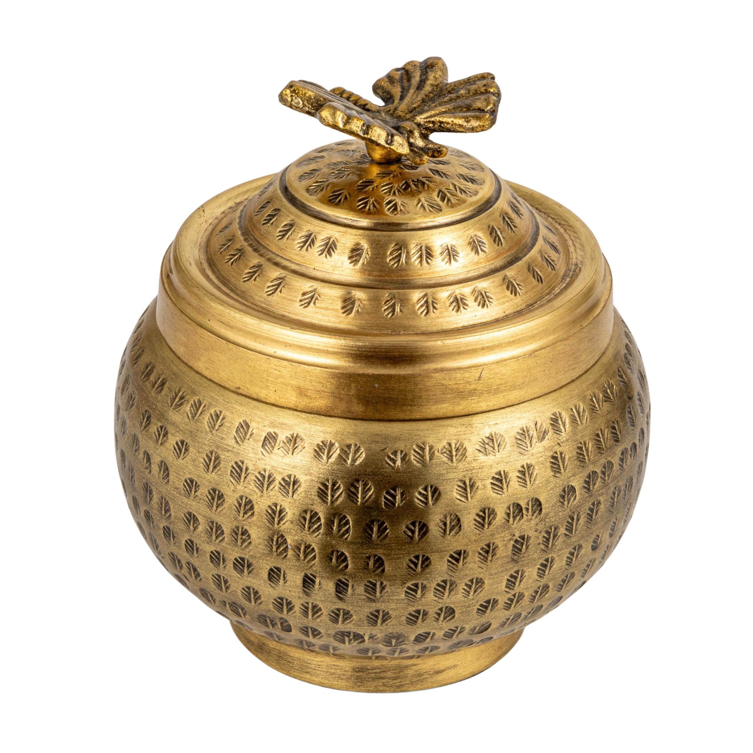 Round Hammered Metal Container with Bird Finial, Brass Finish
