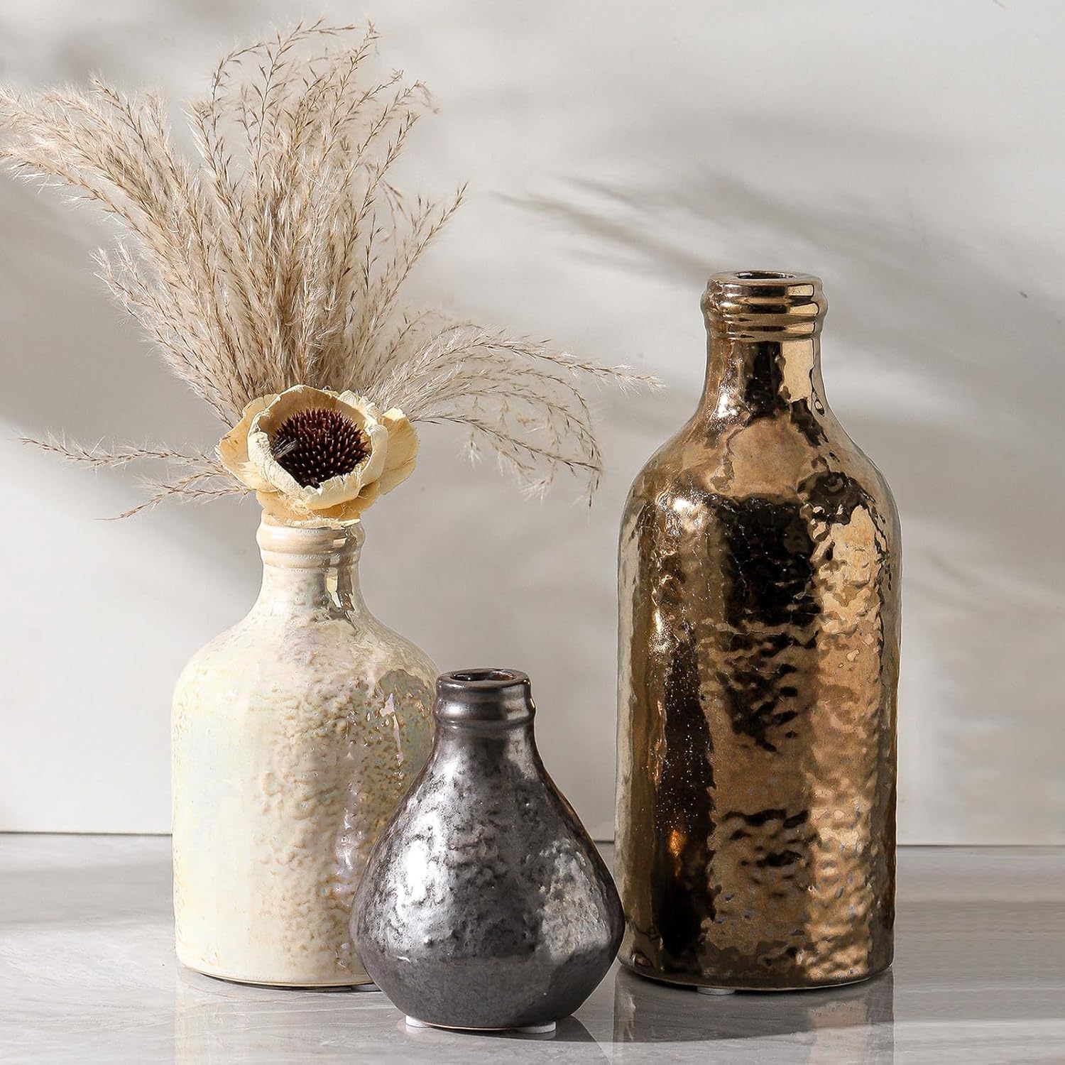 Ceramic Vase Set of 3 | Decorative Vases Home Decor | Flower Pampass Boho Modern Neutral Vase for Living Room, Table, Mantel, Entryway, Bookshelf, Kitchen, Bedroom, Bathroom - Multicolor