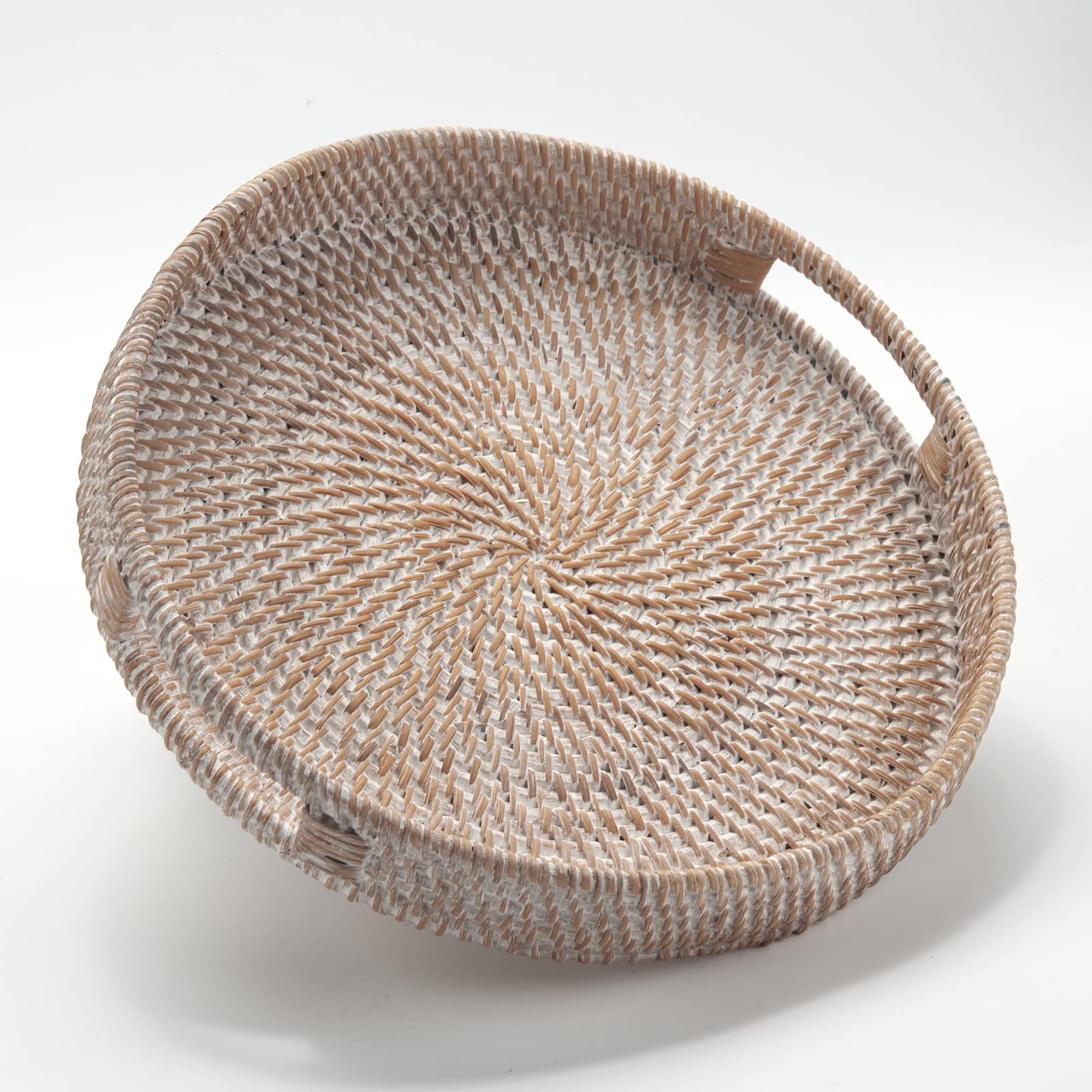 Coffee Table Tray Round Rattan Ottoman Tray Woven Serving Trays with Handles for Home and Kitchen Decorative Natural (Large 14 inch x 2.4 inch)