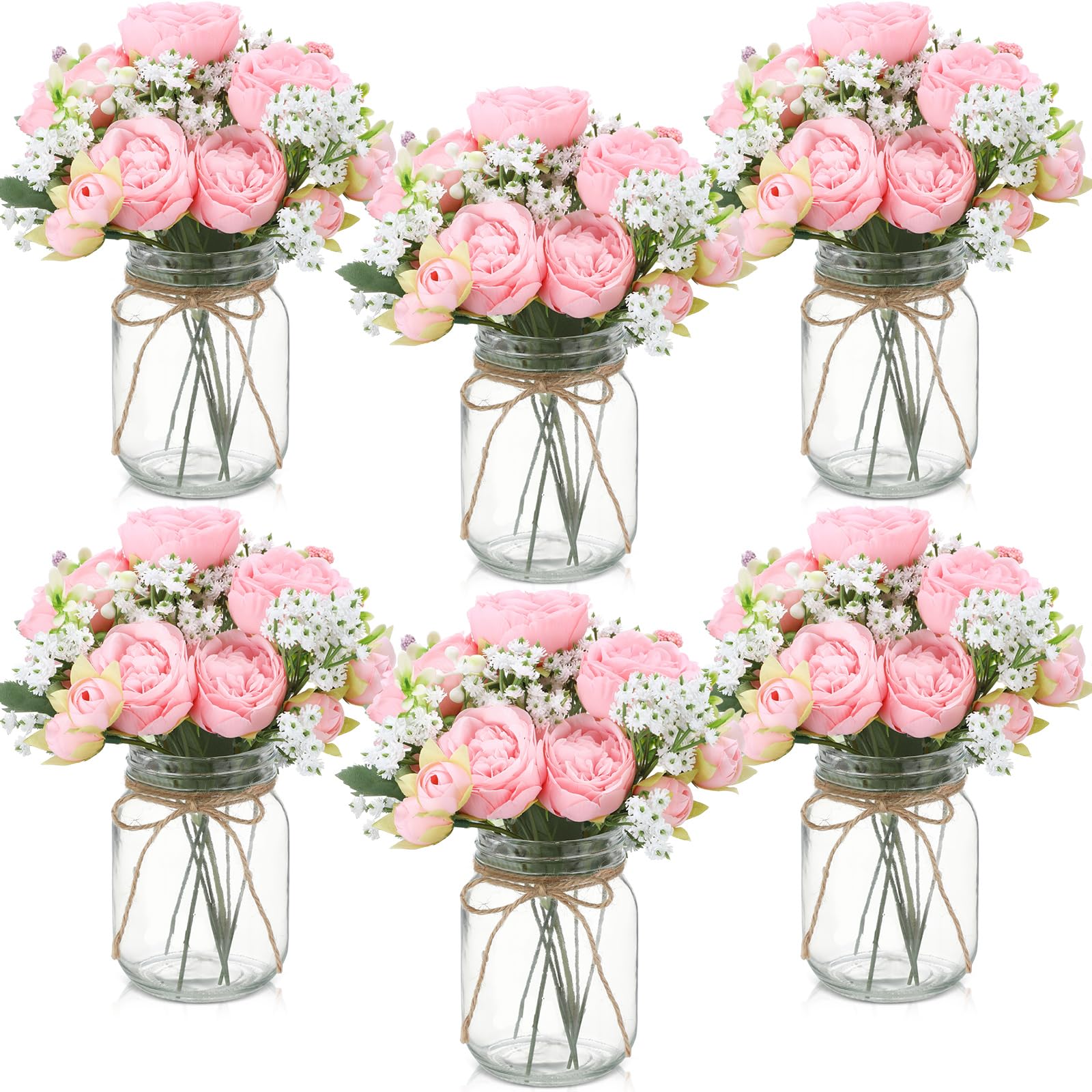 Zeyune 12 Sets Mason Jar Centerpiece Table Decorations, Artificial Peony Baby's Breath Flower Bouquets, Faux Flowers with Vase, Rustic Decor Gifts for Home, Wedding, Holiday (White)