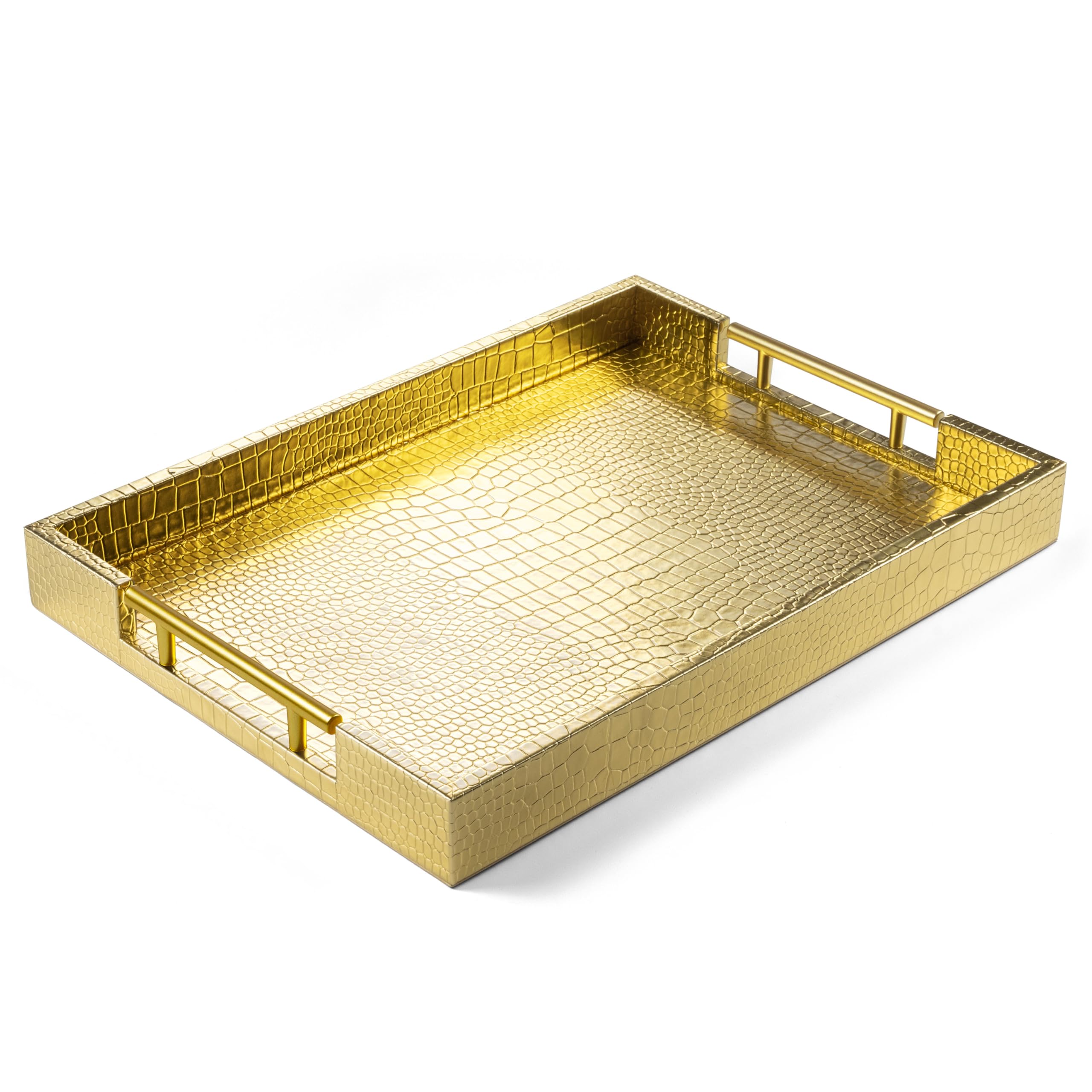 17" x 12" Wood Serving Tray with Gold Polished Metal Handles, Home Decorative Wooden Rectangle Ottoman Leather Decor Platter Bathroom Vanity Tray for All Occasions White