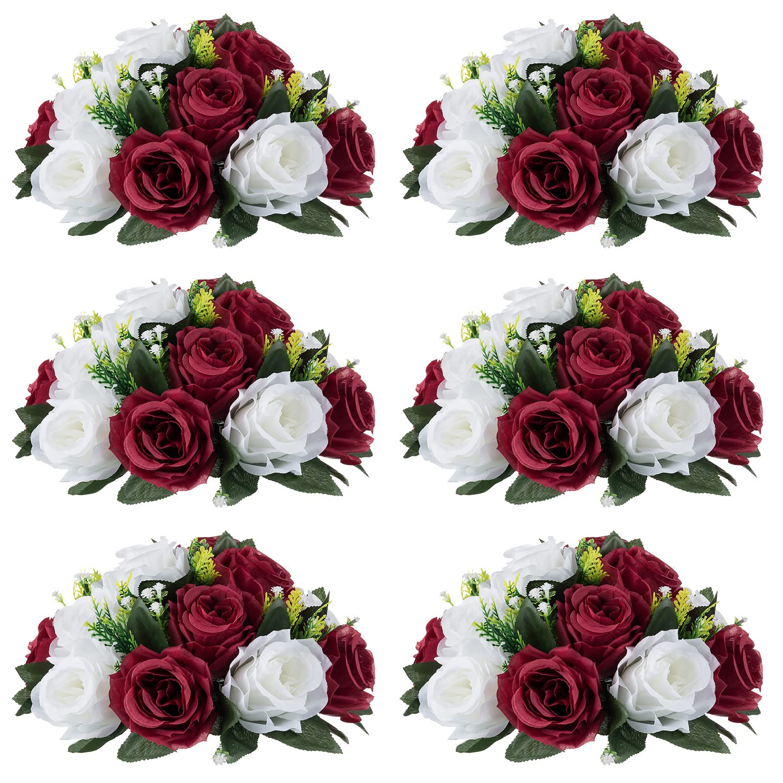 Nuptio Artificial Flower Centrepieces for Tables - 6 Pcs Burgundy & Dusty Rose & Creamy White Fake Flowers Roses Balls 9.5in Diam - Silk Faux Rose Arrangement for Wedding Party Centerpiece Table Decor