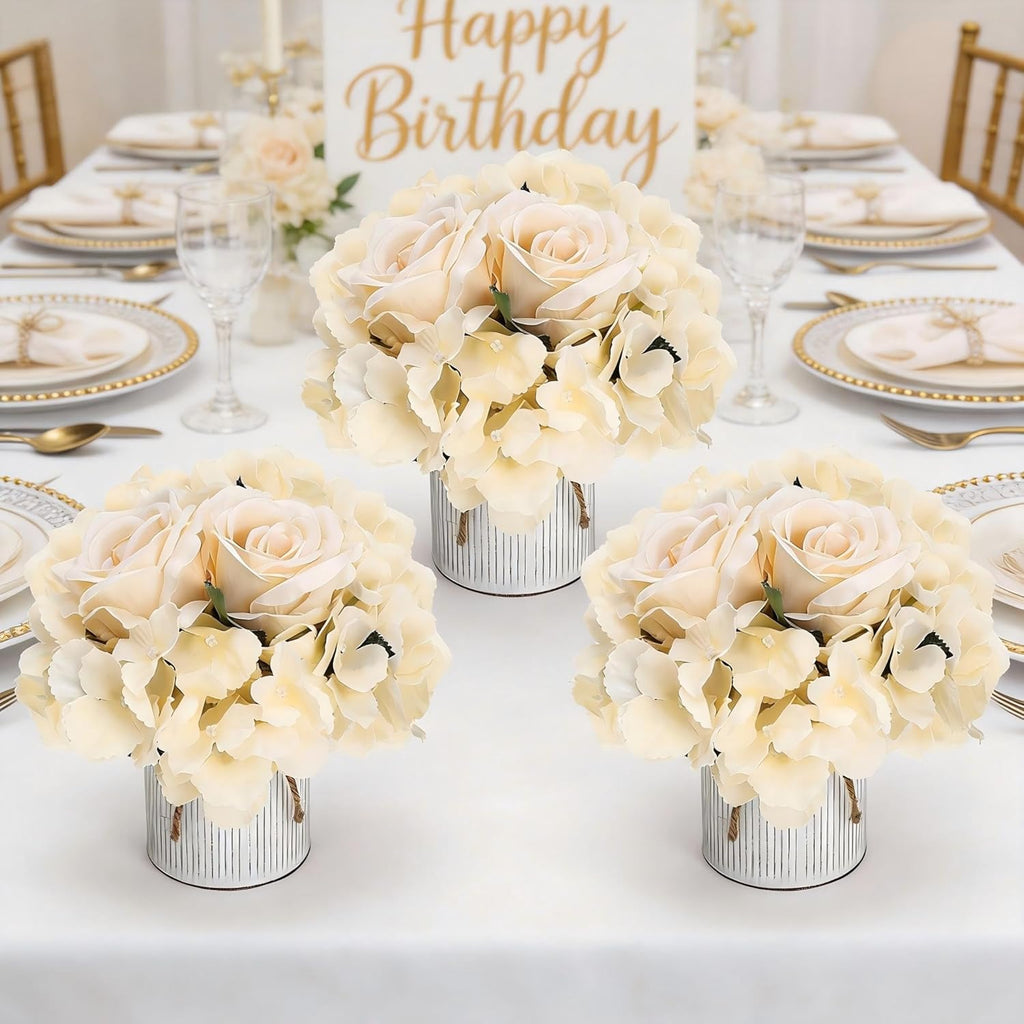 Flower Table Centerpieces - Set of 6 Floral Arrangement Artificial Wedding Hydrangeas Floral Arrangement with Rustic Metal Vase for Bridal Tea Party Event Decorations - Champagne