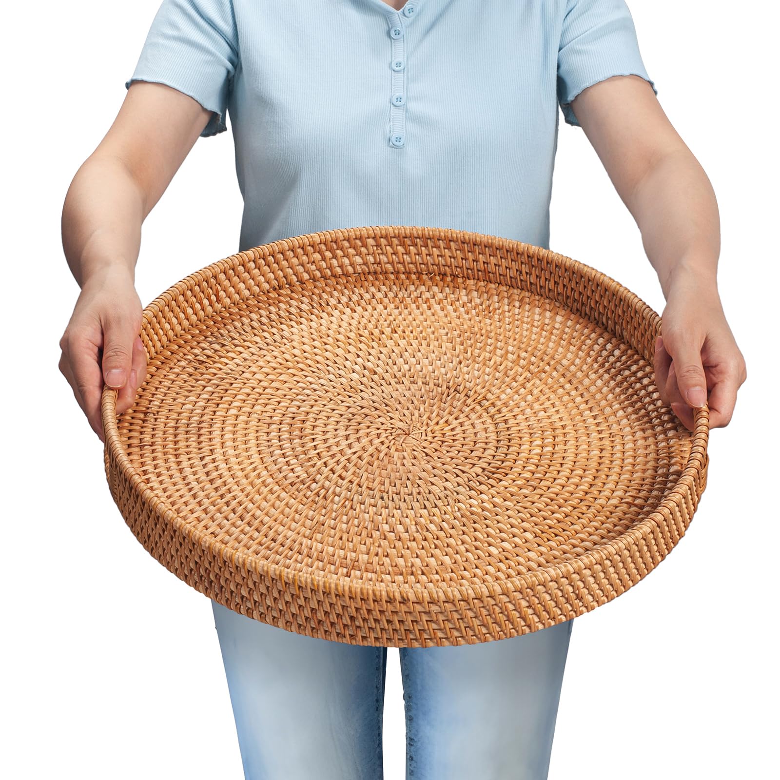 13.8 inch Round Rattan Tray, Decorative Coffee Table Tray, Ottoman Tray, Woven Serving Tray with Handles, Wicker Serving Basket, Whitewash
