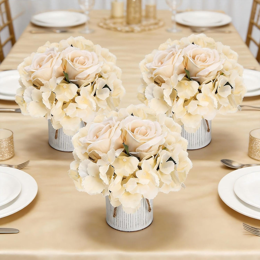 Flower Table Centerpieces - Set of 6 Floral Arrangement Artificial Wedding Hydrangeas Floral Arrangement with Rustic Metal Vase for Bridal Tea Party Event Decorations - Champagne