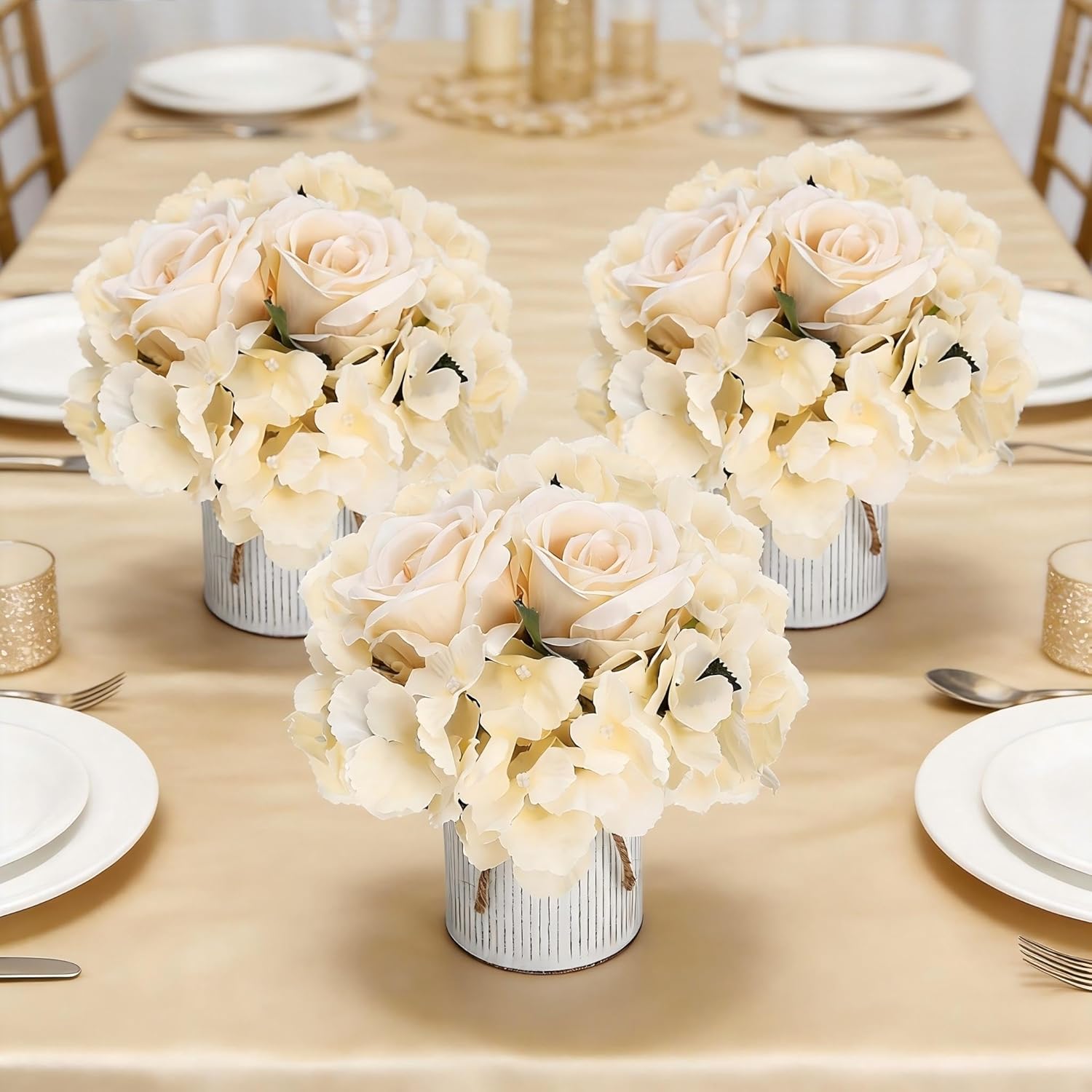 Flower Table Centerpieces - Set of 6 Floral Arrangement Artificial Wedding Hydrangeas Floral Arrangement with Rustic Metal Vase for Bridal Tea Party Event Decorations - Champagne