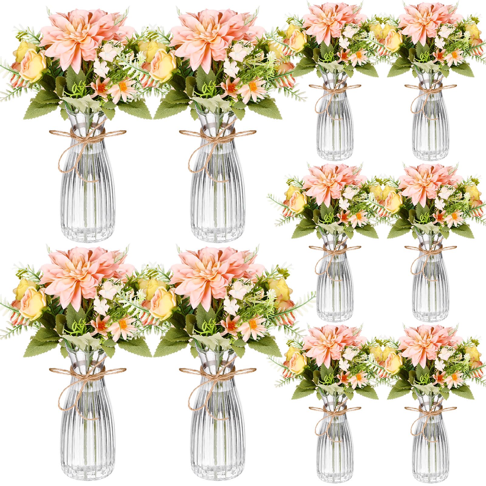 30 Pack Artificial Flowers Table Centerpieces Decorations with Vase Wedding Mason Jar 20 Bundles Silk Floral Bouquet 10 Clear Vase with 1 Pcs Rope for Party Decor(Dahlia,Pink)