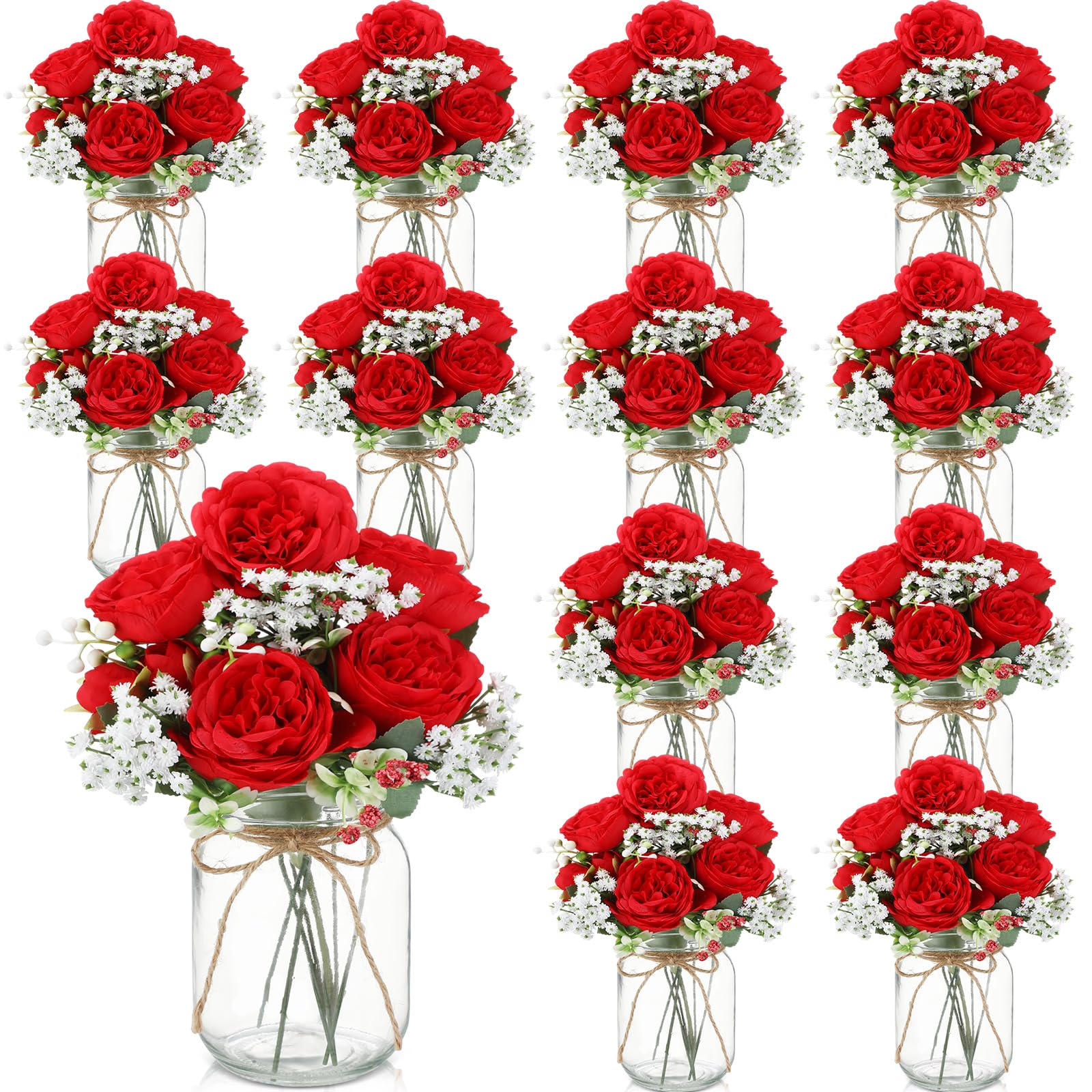 Zeyune 12 Sets Mason Jar Centerpiece Table Decorations, Artificial Peony Baby's Breath Flower Bouquets, Faux Flowers with Vase, Rustic Decor Gifts for Home, Wedding, Holiday (White)