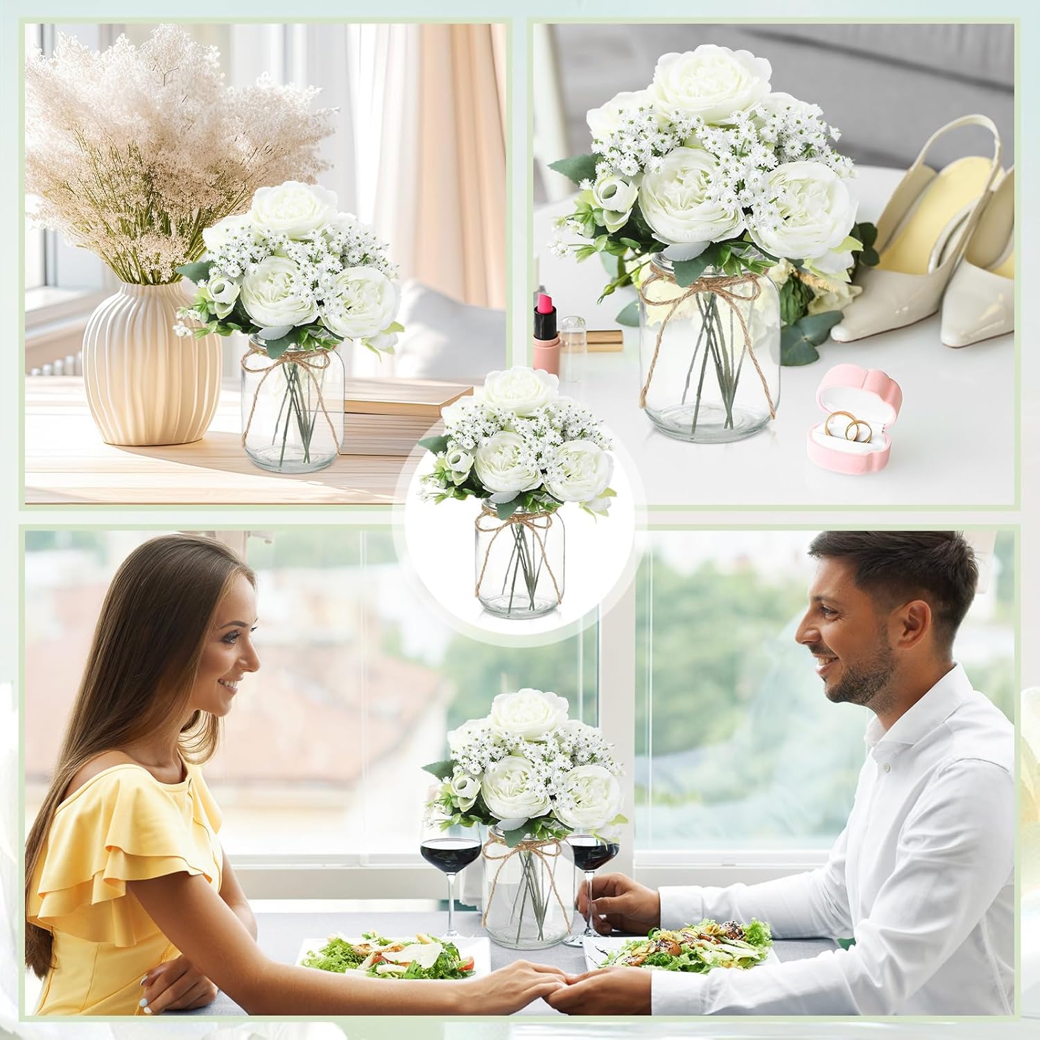 Zeyune 12 Sets Mason Jar Centerpiece Table Decorations, Artificial Peony Baby's Breath Flower Bouquets, Faux Flowers with Vase, Rustic Decor Gifts for Home, Wedding, Holiday (White)