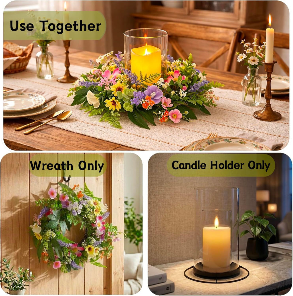 Floral Candle Holder Centerpiece for Table, Glass Hurricane with Detachable Small Floral Wreath, Farmhouse Spring Centerpiece for Dining Table, Wedding, Easter and Home Decor