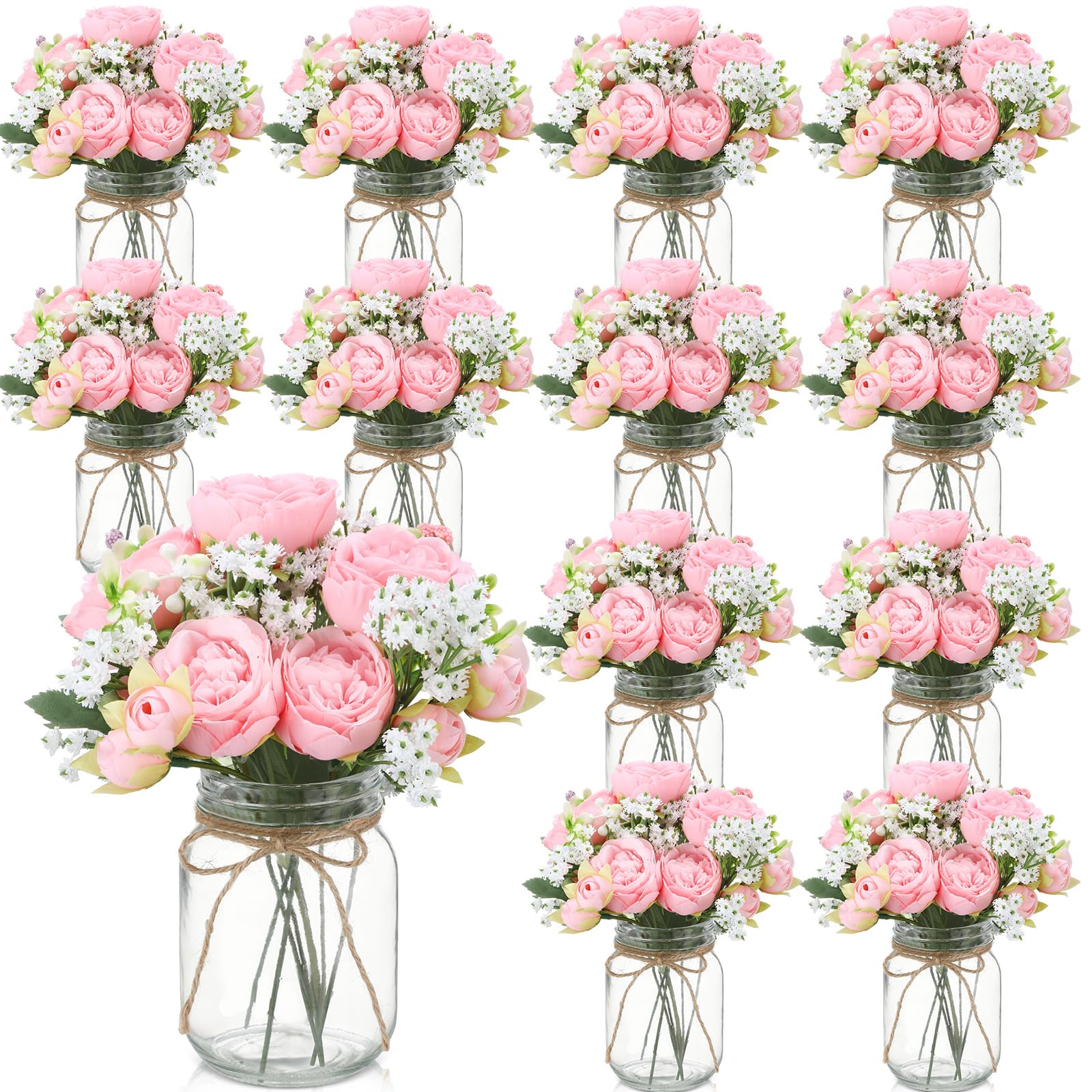 Zeyune 12 Sets Mason Jar Centerpiece Table Decorations, Artificial Peony Baby's Breath Flower Bouquets, Faux Flowers with Vase, Rustic Decor Gifts for Home, Wedding, Holiday (White)