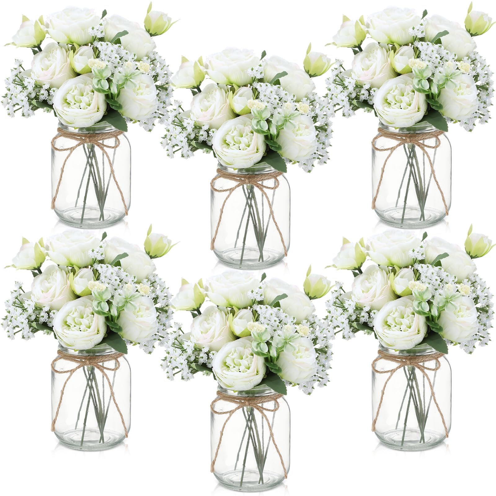 Zeyune 12 Sets Mason Jar Centerpiece Table Decorations, Artificial Peony Baby's Breath Flower Bouquets, Faux Flowers with Vase, Rustic Decor Gifts for Home, Wedding, Holiday (White)