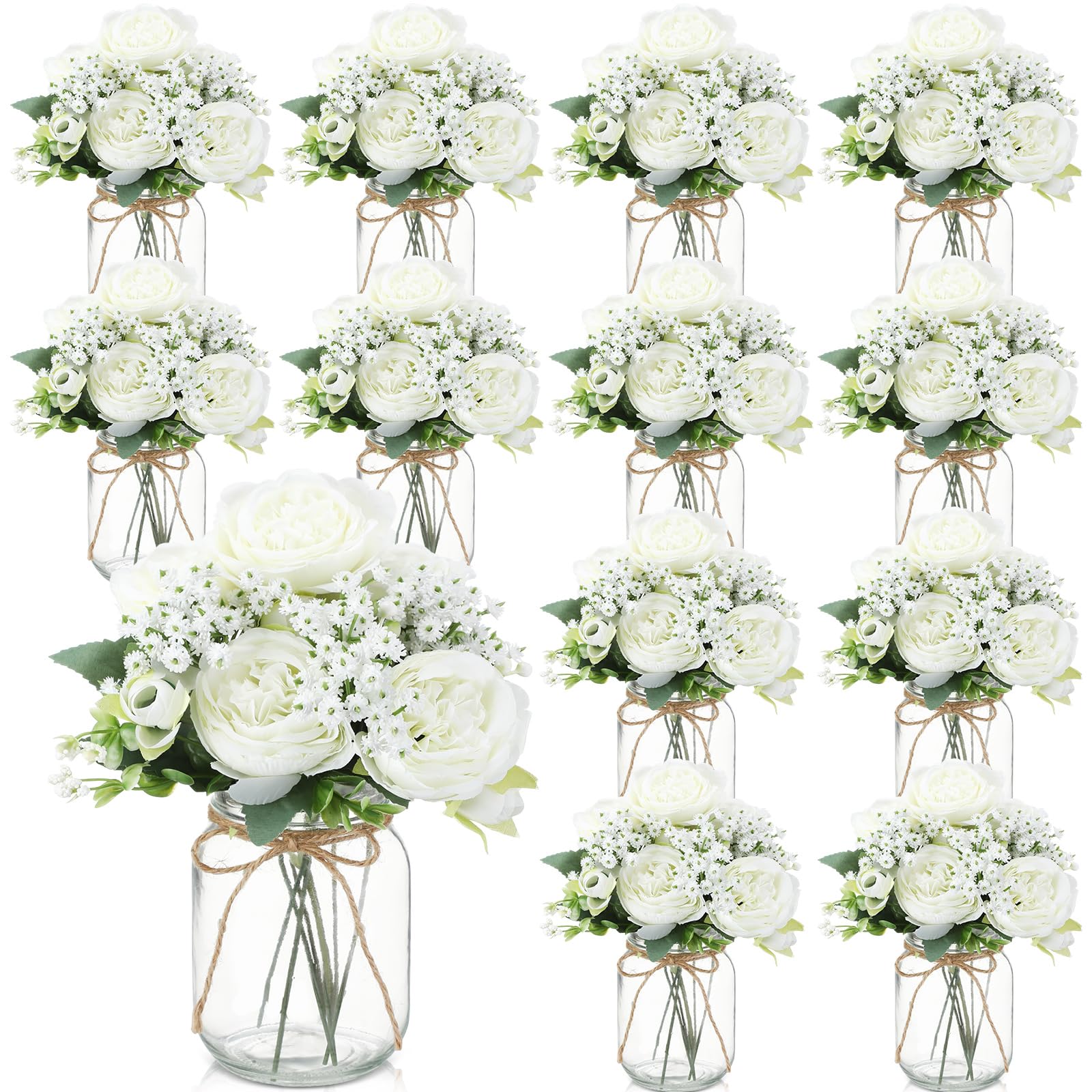 Zeyune 12 Sets Mason Jar Centerpiece Table Decorations, Artificial Peony Baby's Breath Flower Bouquets, Faux Flowers with Vase, Rustic Decor Gifts for Home, Wedding, Holiday (White)